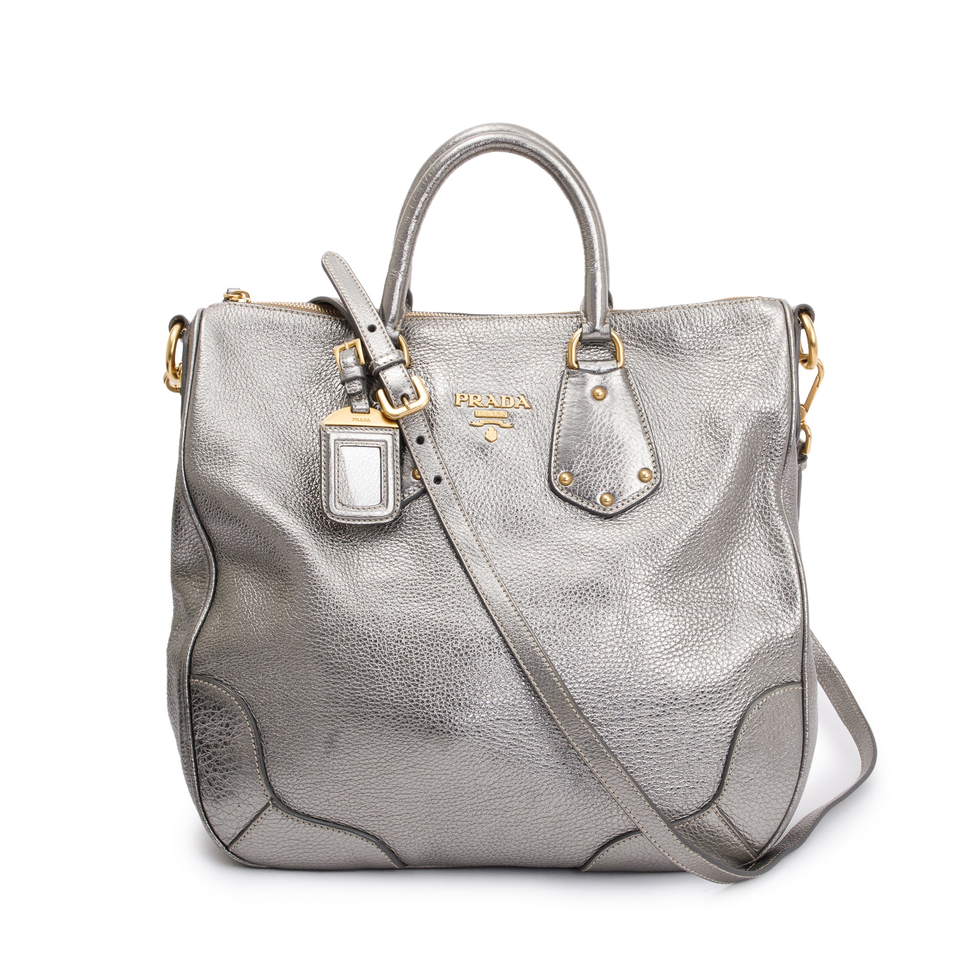 Prada Silver Vitello Daino Leather Tote w/ Strap & Authenticity Card