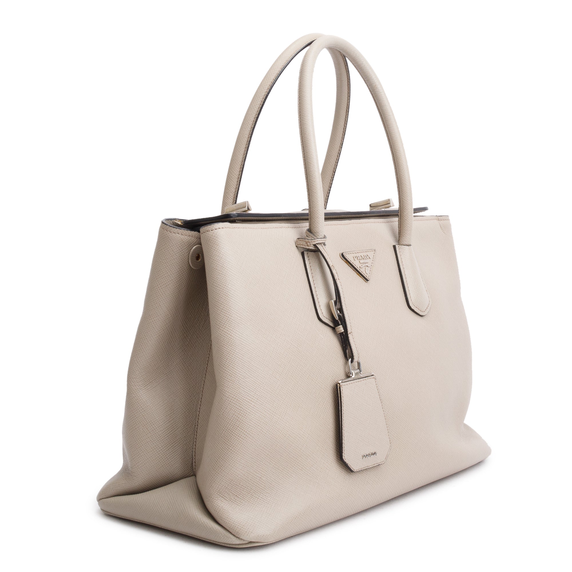 Prada Taupe Saffiano Cuir Medium Turnlock Twin Tote