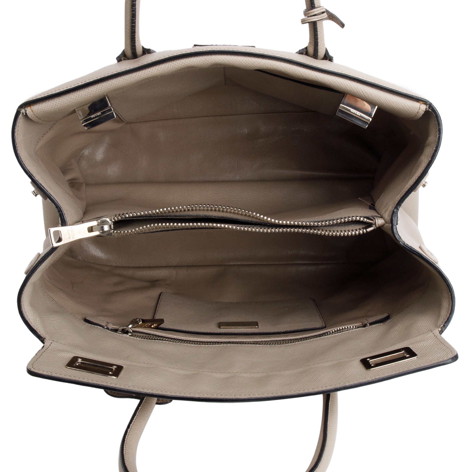 Prada Taupe Saffiano Cuir Medium Turnlock Twin Tote