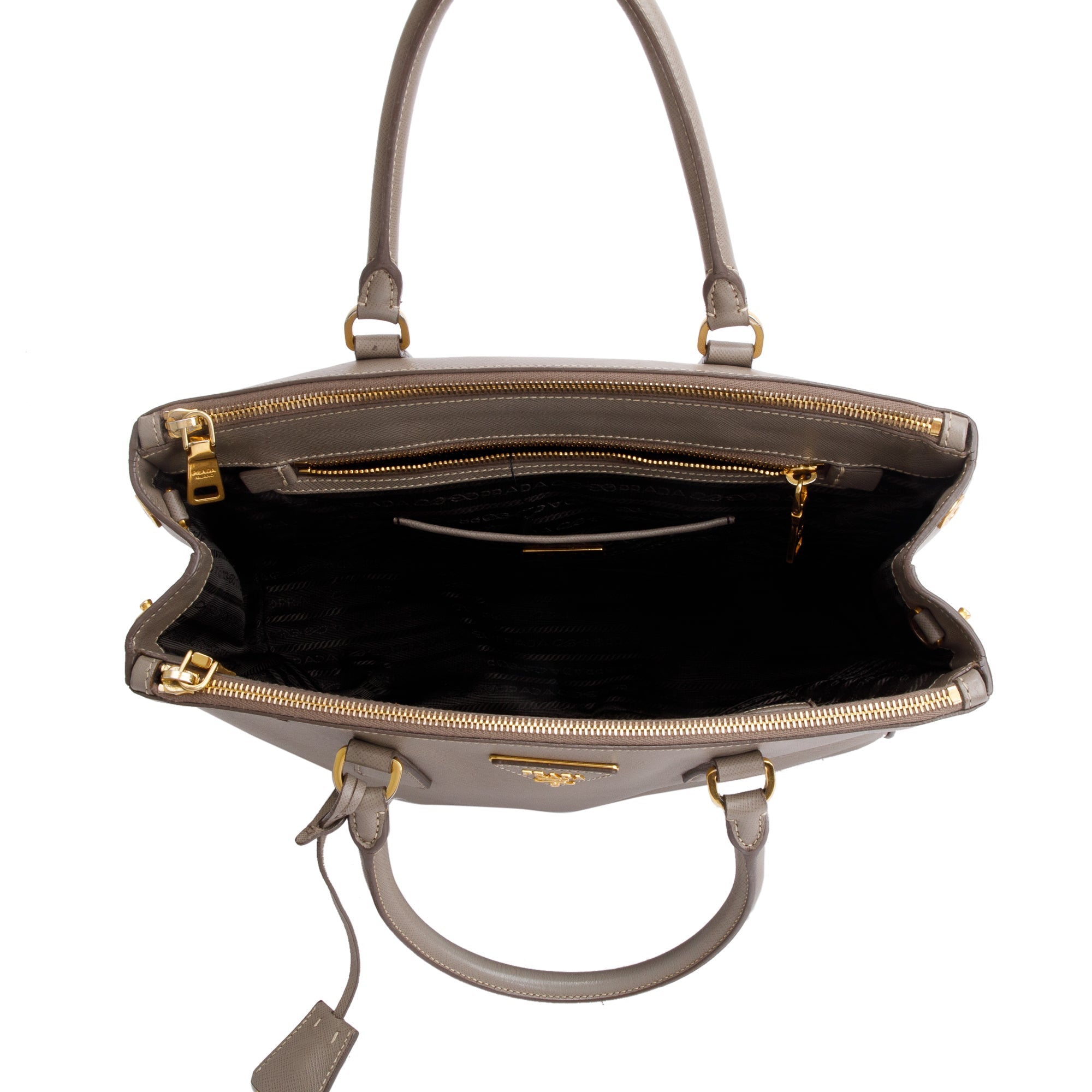 Prada Taupe Saffiano Lux Medium Double Zip Galleria Tote w/ Strap