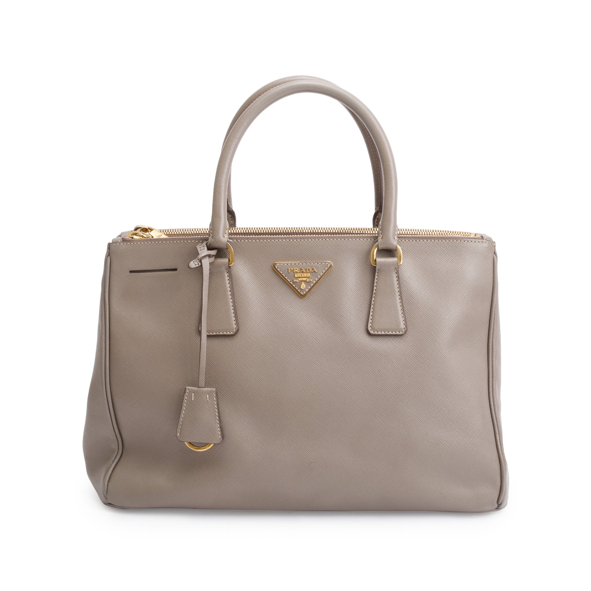 Prada Taupe Saffiano Lux Medium Double Zip Galleria Tote w/ Strap