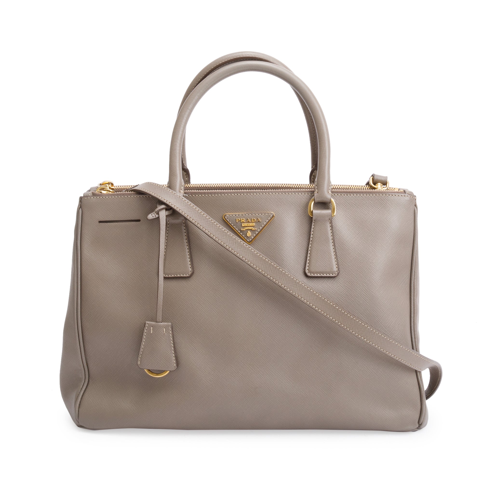 Prada Taupe Saffiano Lux Medium Double Zip Galleria Tote w/ Strap