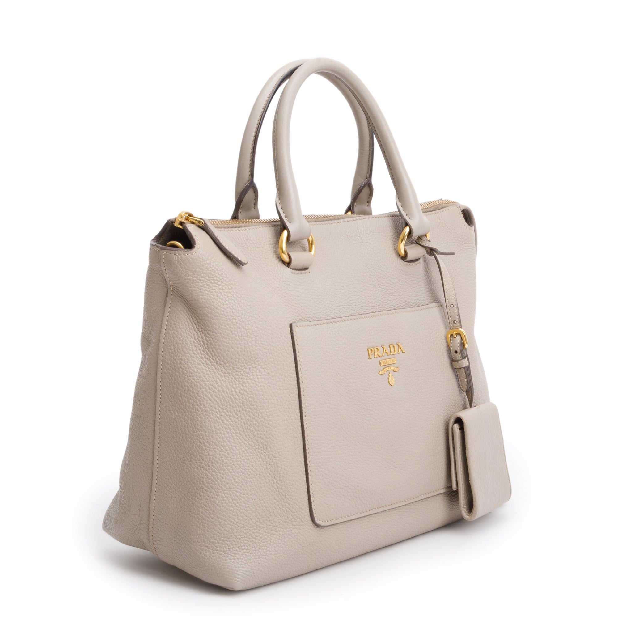 Prada Taupe Vitello Daino Leather Pocket Zip Tote w/ Strap