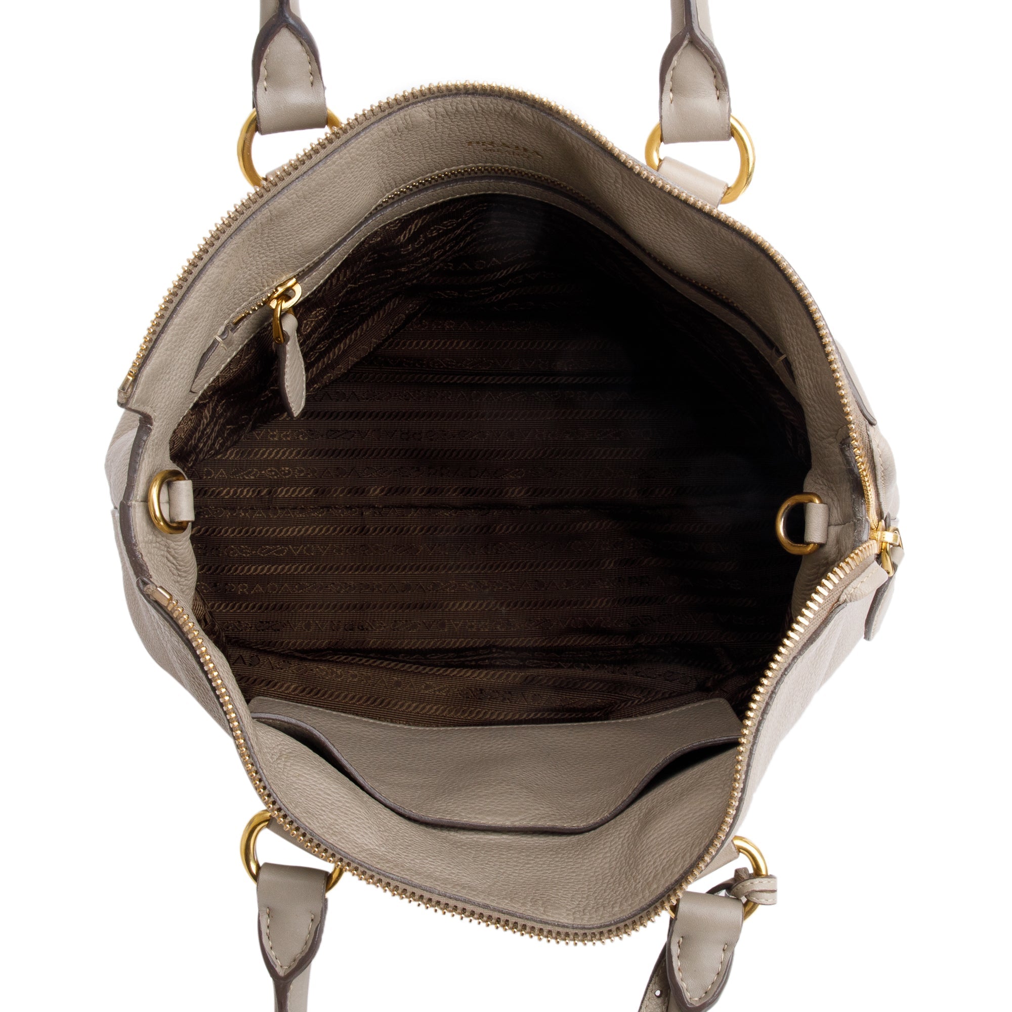 Prada Taupe Vitello Daino Leather Pocket Zip Tote w/ Strap