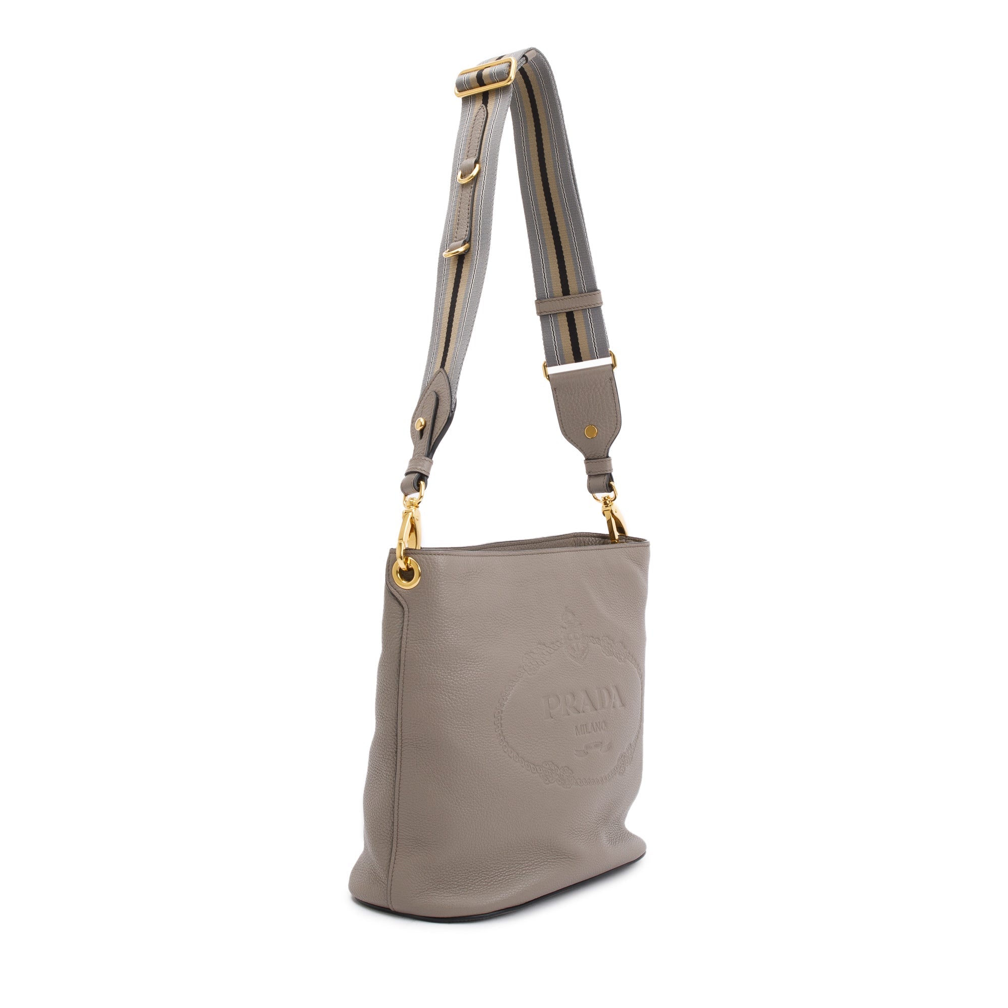 Prada Taupe Vitello Phenix Logo Bucket Crossbody Bag