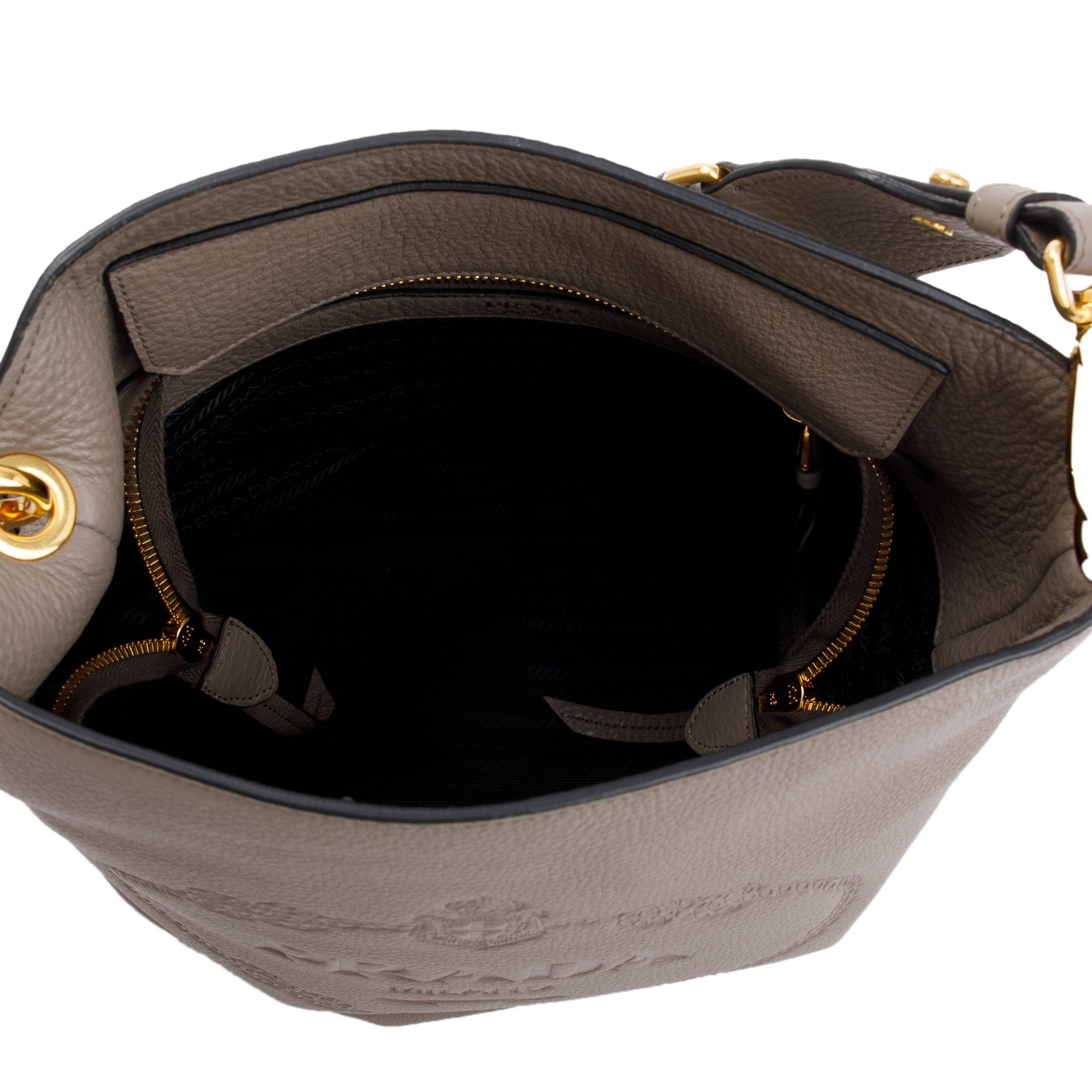 Prada Taupe Vitello Phenix Logo Bucket Crossbody Bag