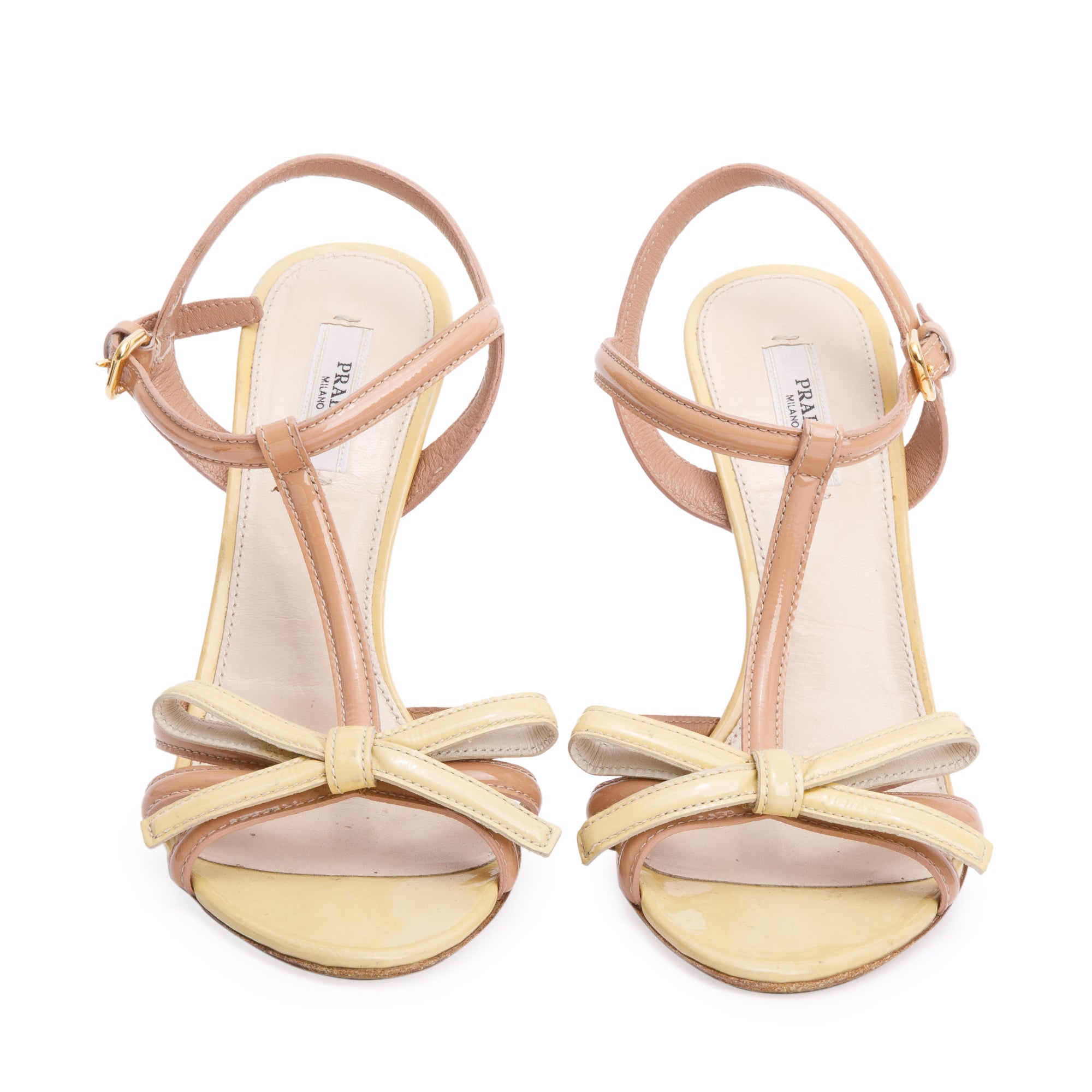 Prada Two-Tone Patent Leather Bow Vamp Sling Back Sandals, Size 37