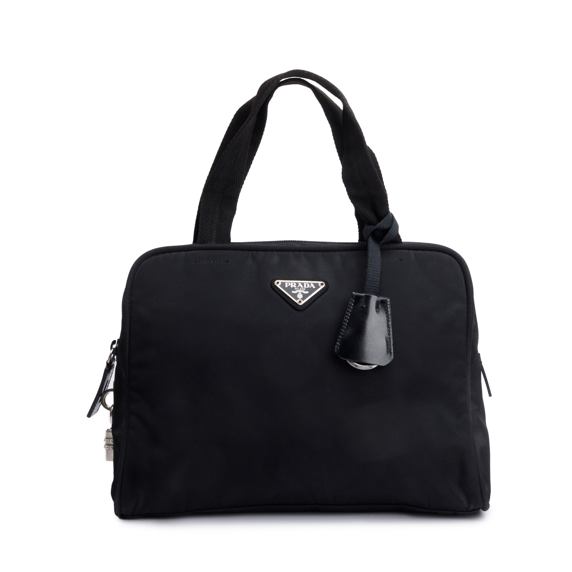 Prada Vintage Black Leather-Trimmed Tessuto Nylon Shoulder Bag