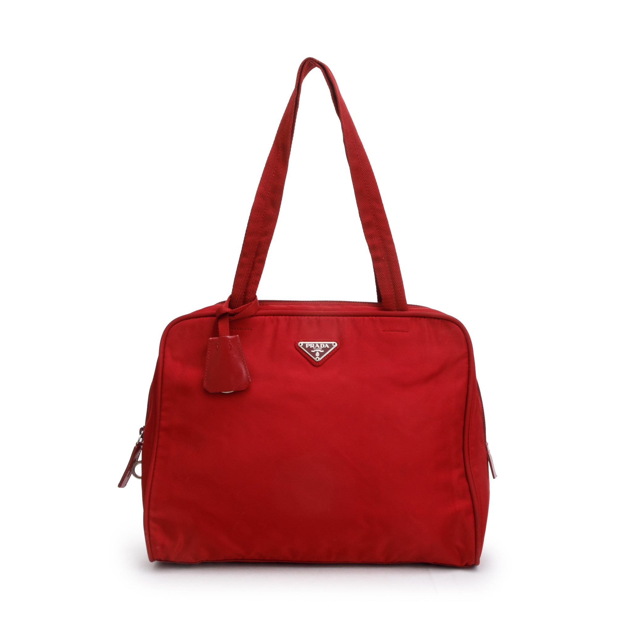 Prada Vintage Red Leather-Trimmed Tessuto Nylon Shoulder Bag