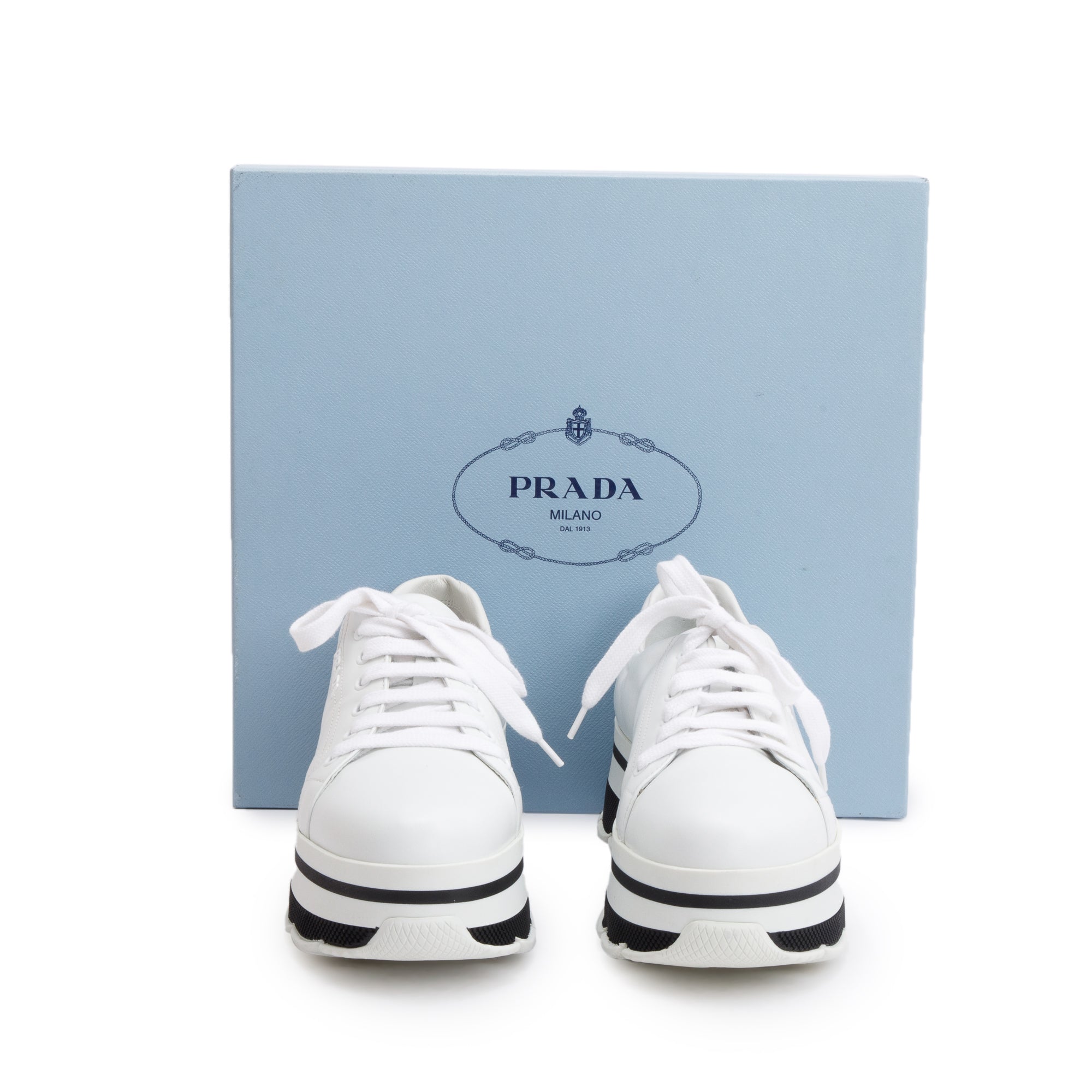 Prada White Calfskin Leather Linea Rossa Platform Sneakers, Size 39.5 w/ Box