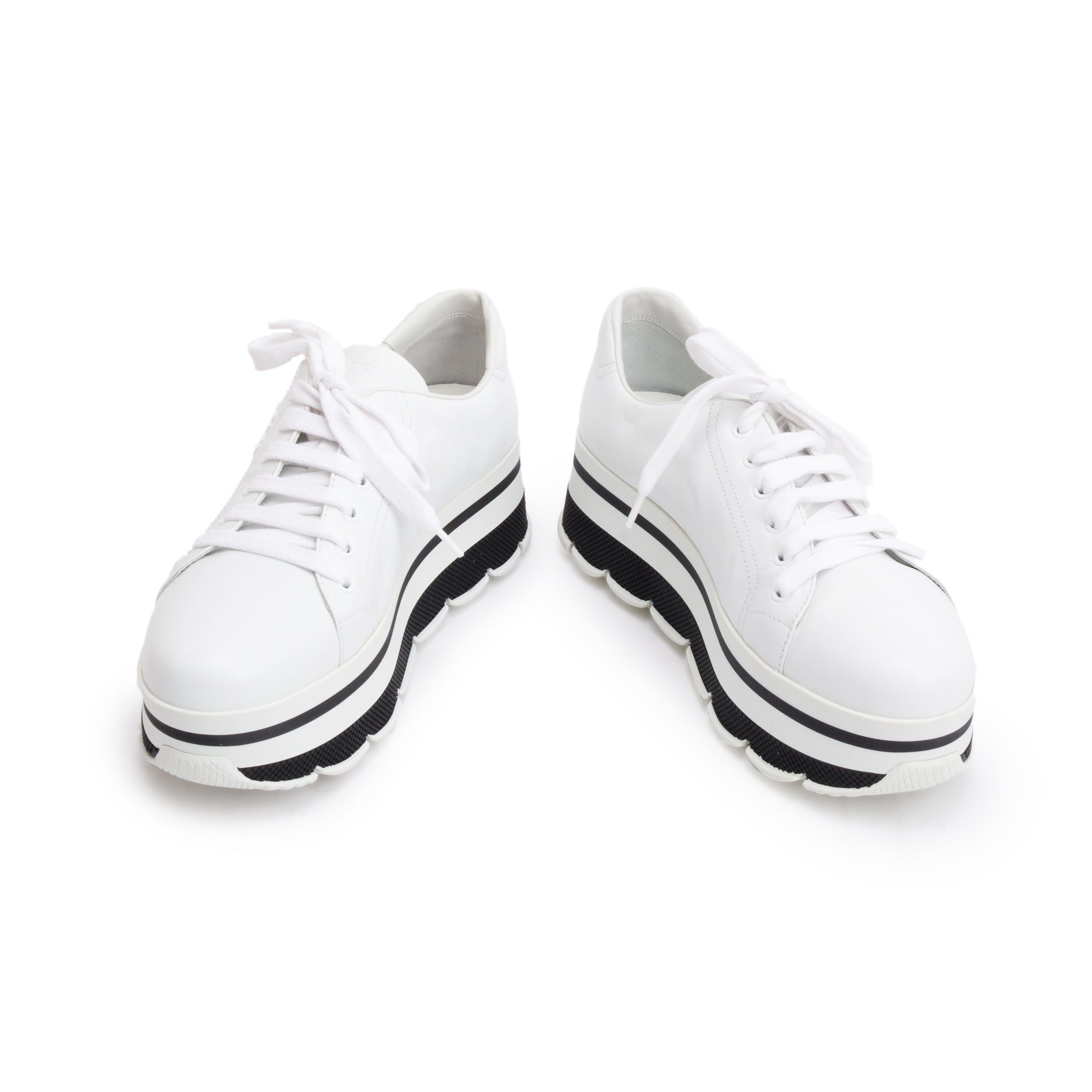 Prada White Calfskin Leather Linea Rossa Platform Sneakers, Size 39.5 w/ Box