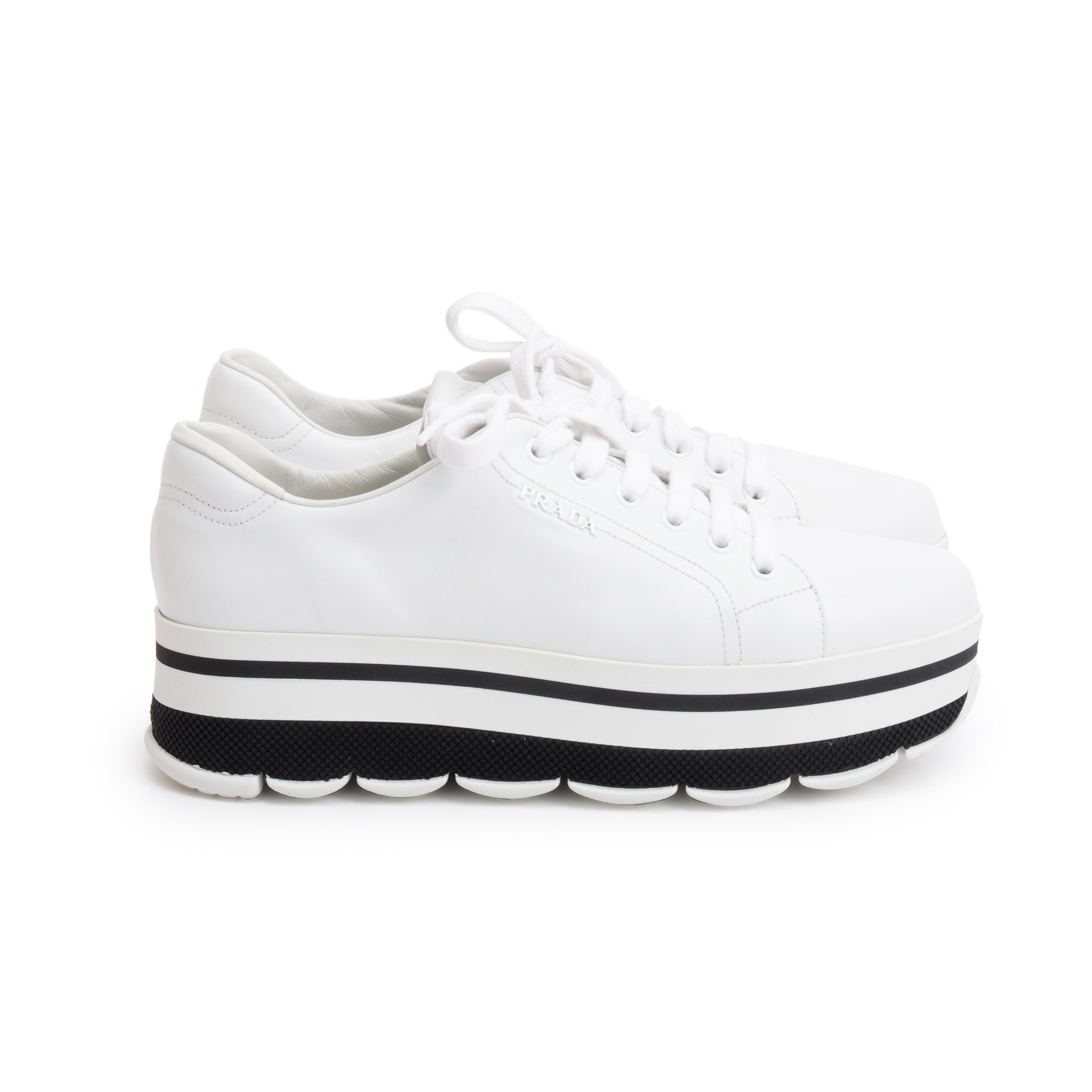 Prada White Calfskin Leather Linea Rossa Platform Sneakers, Size 39.5 w/ Box