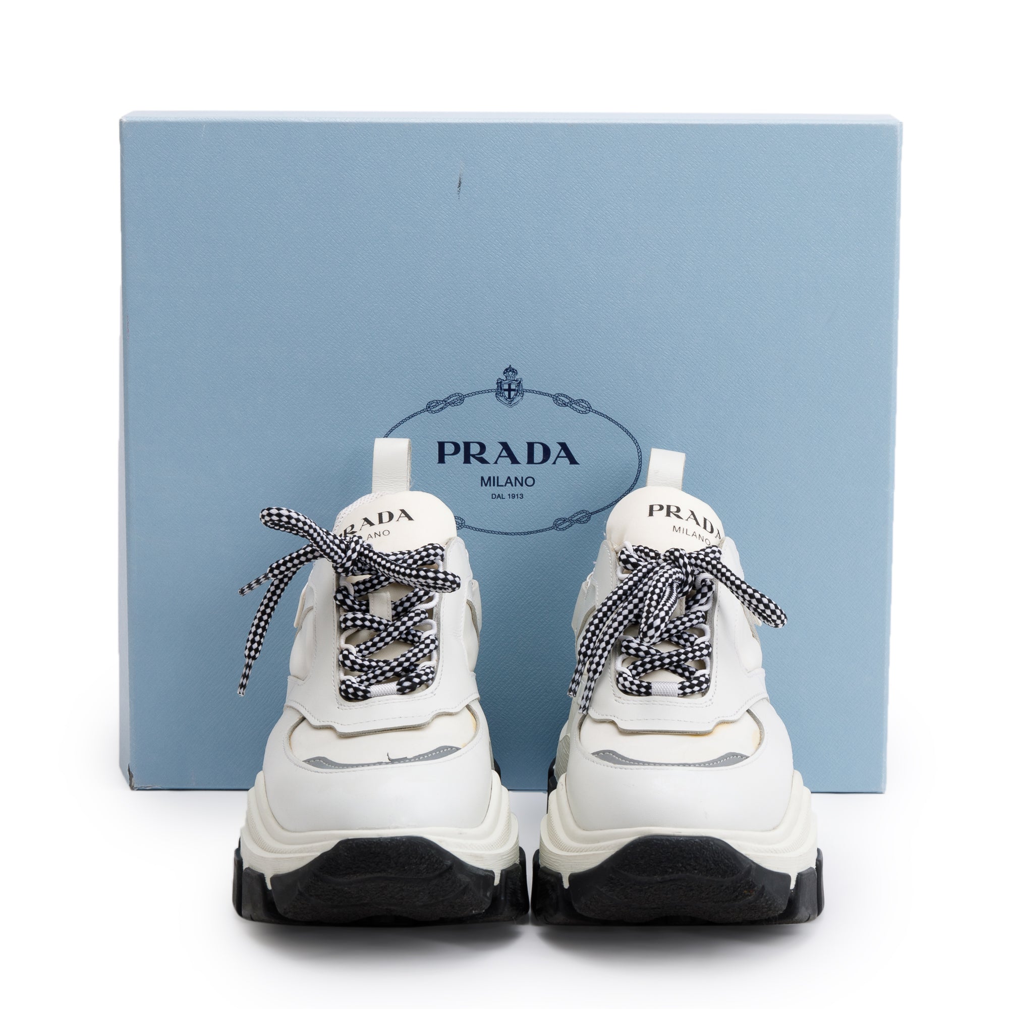 Prada White Calfskin Nylon Pegasus Sneakers, Size 36.5 w/ Box