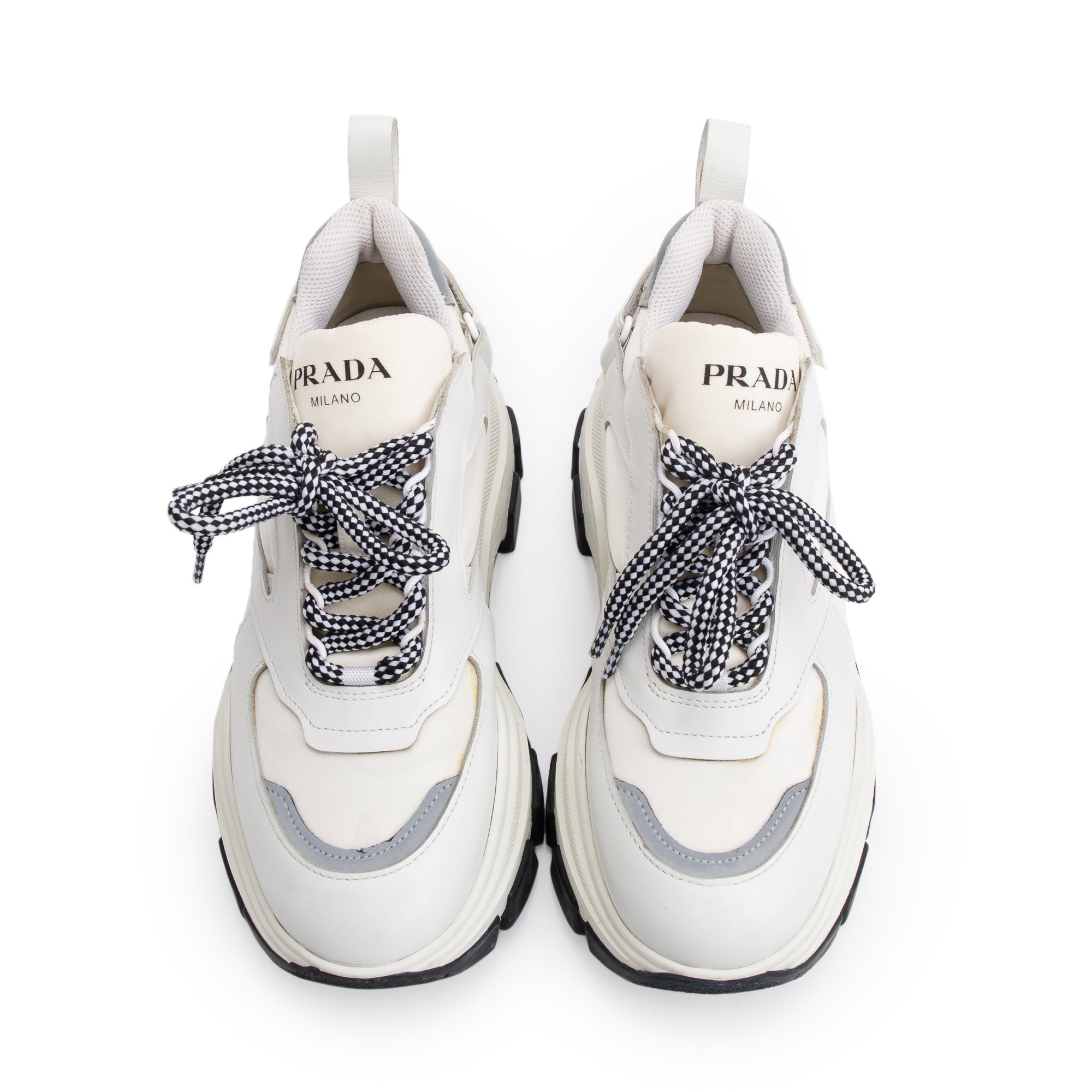Prada White Calfskin Nylon Pegasus Sneakers, Size 36.5 w/ Box