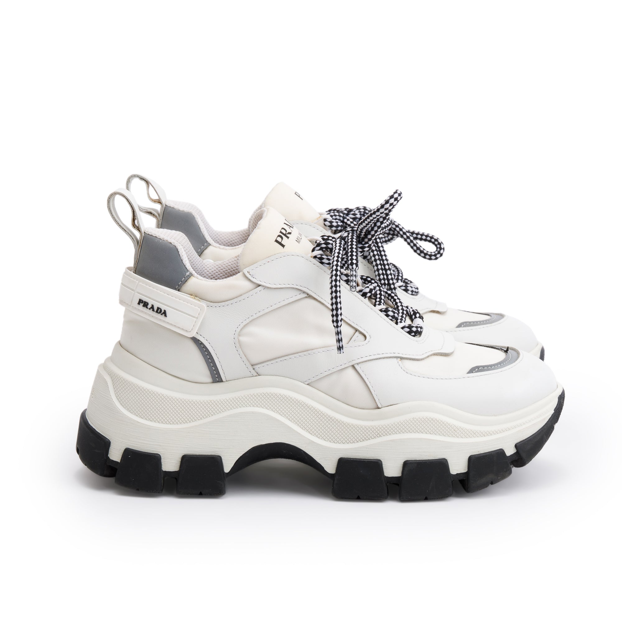 Prada White Calfskin Nylon Pegasus Sneakers, Size 36.5 w/ Box