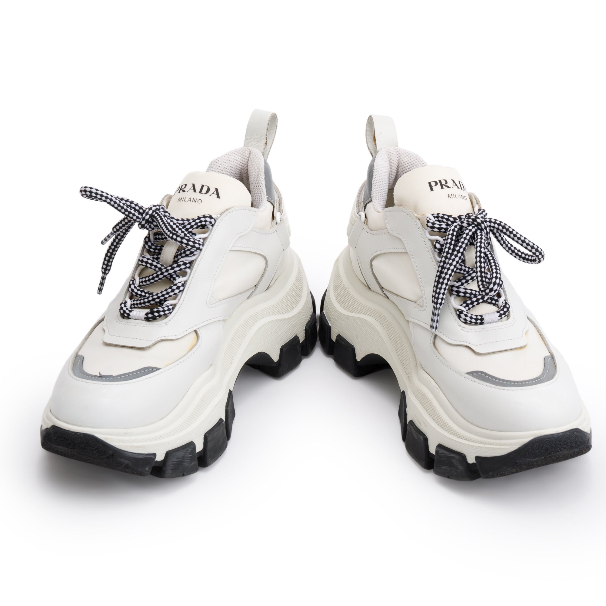 Prada White Calfskin Nylon Pegasus Sneakers, Size 36.5 w/ Box