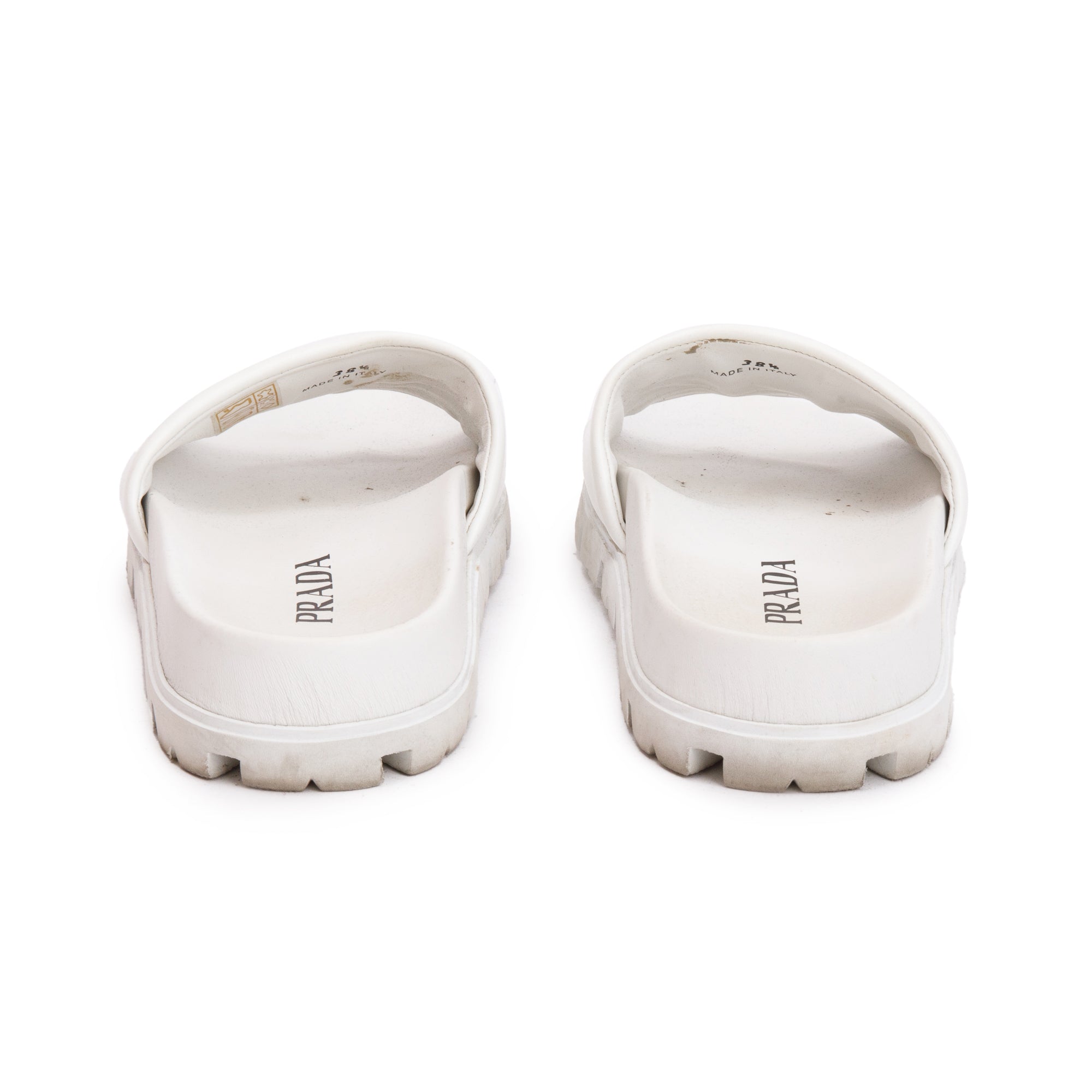 Prada White Graphic Print Leather Slide Sandals, Size 38.5