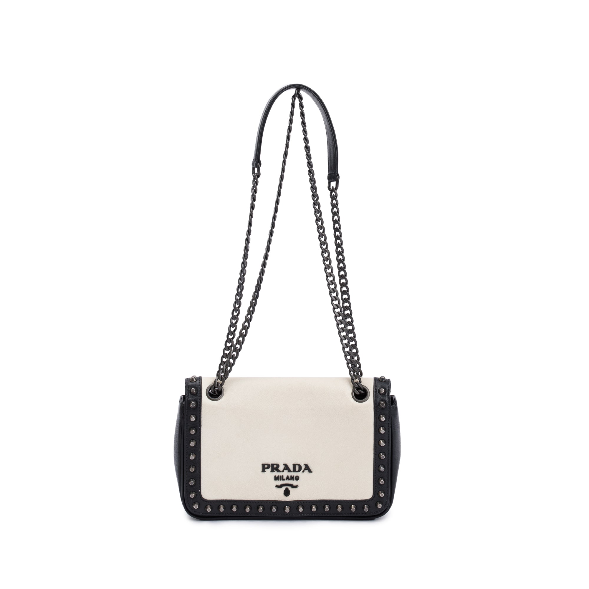 Prada White Leather Glace Studded Crossbody Bag w/ Authenticity Card