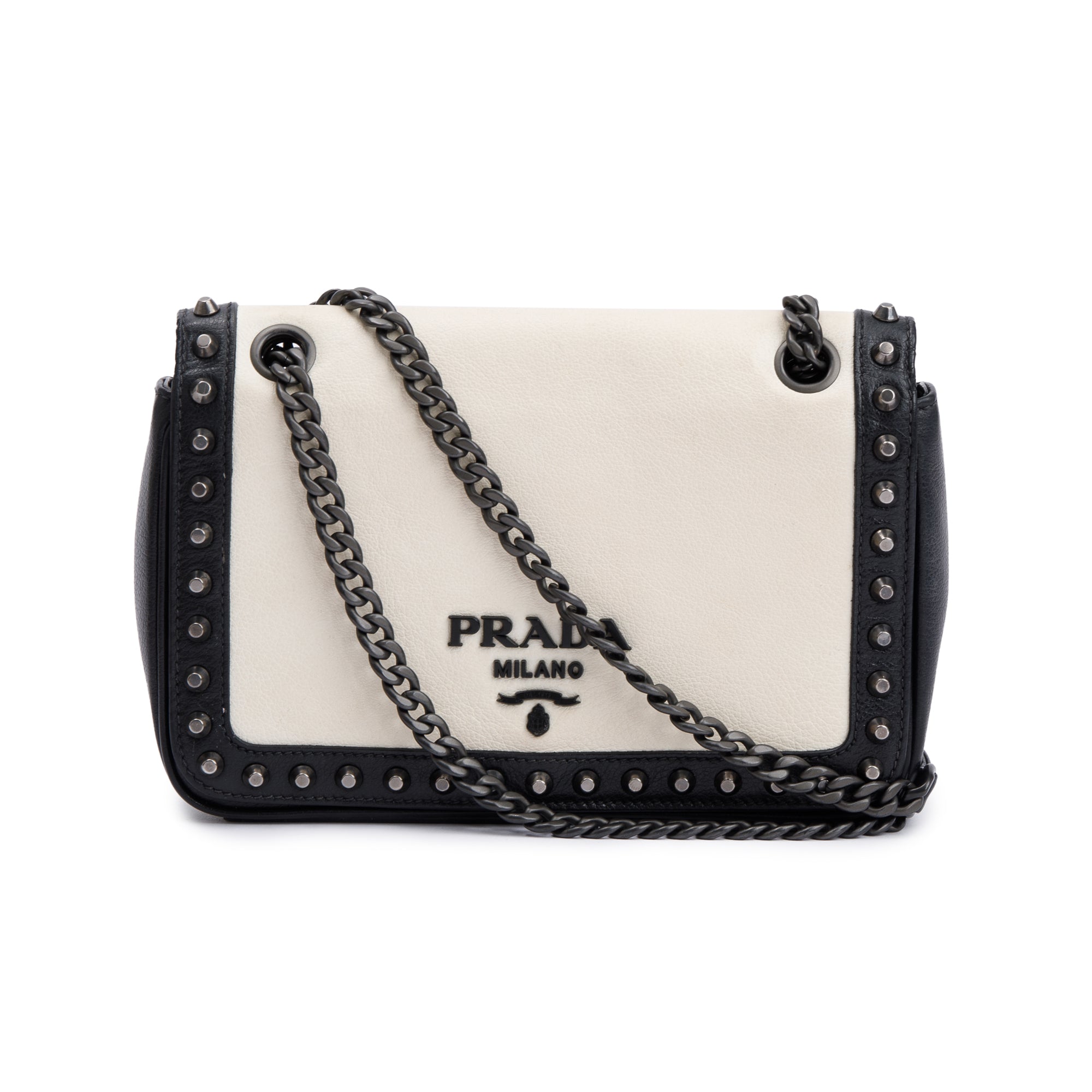 Prada White Leather Glace Studded Crossbody Bag w/ Authenticity Card