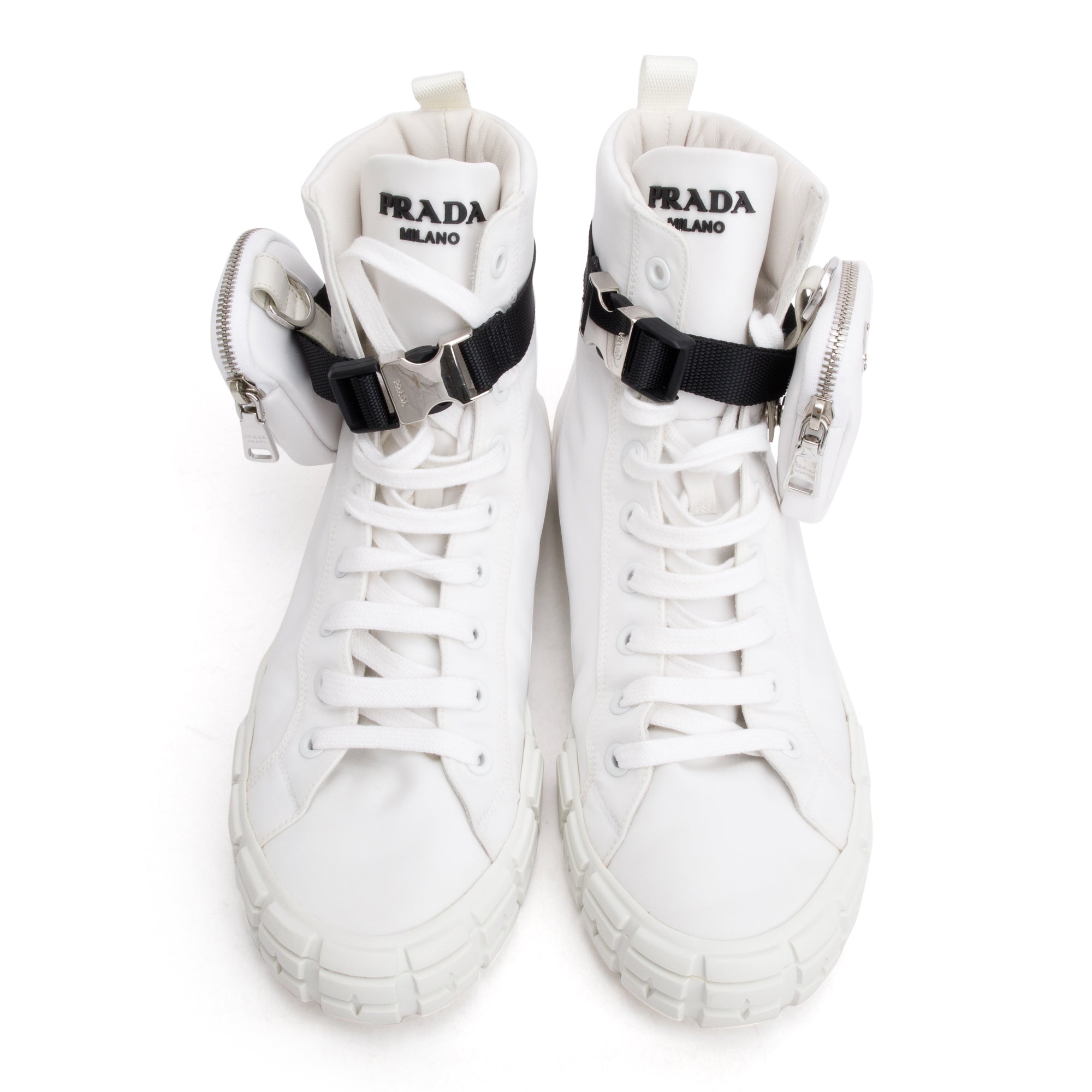 Prada White Re-Nylon Wheel High-Top Sneakers w/ Pouch, Size 11