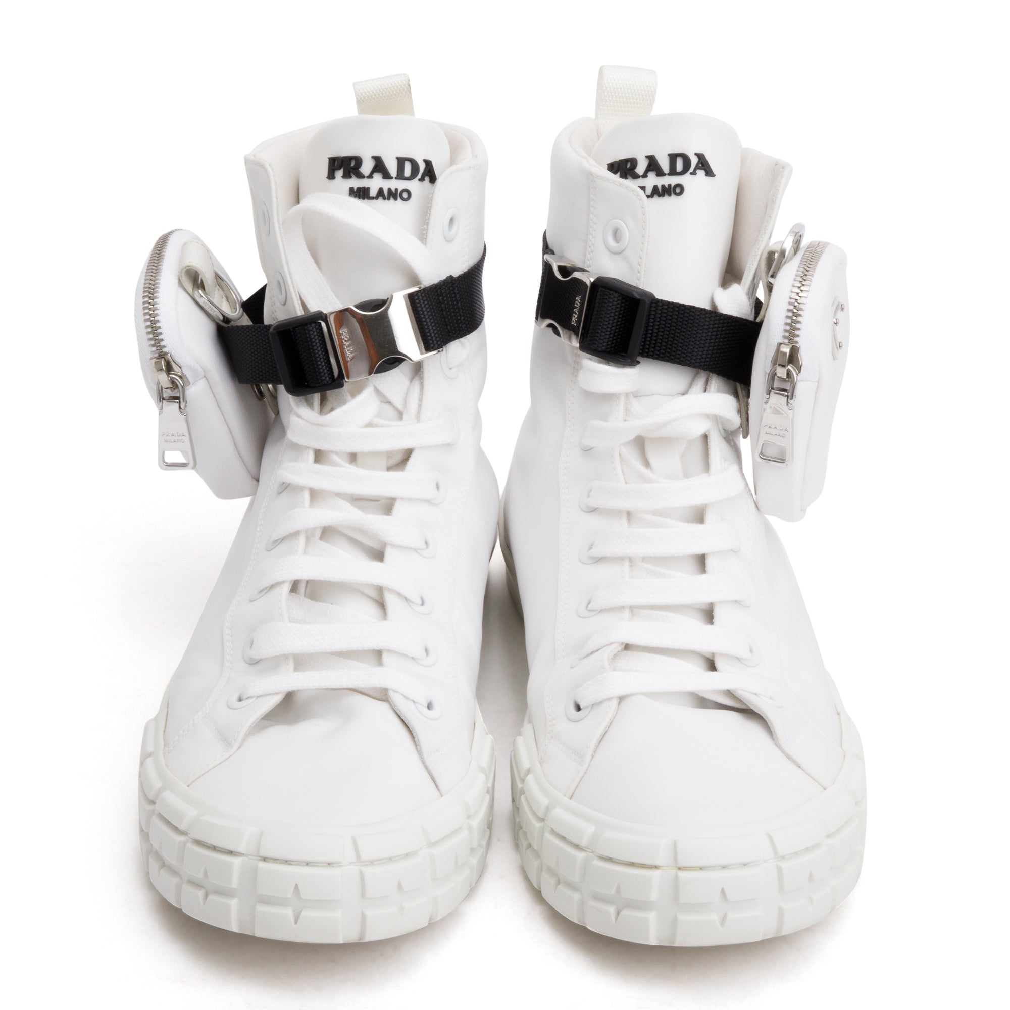 Prada White Re-Nylon Wheel High-Top Sneakers w/ Pouch, Size 11