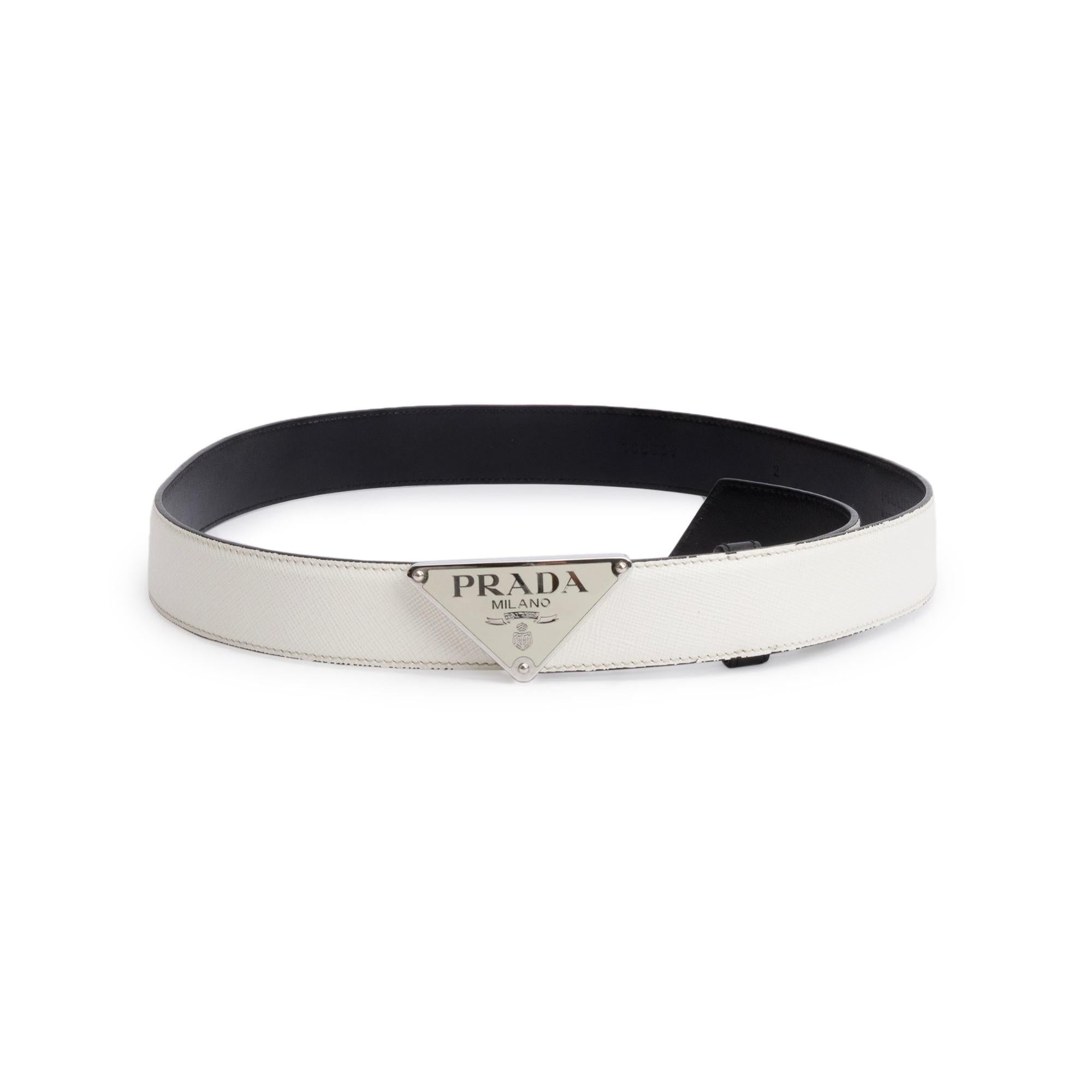 Prada White Saffiano Cuir Enamel Triangle Logo Buckle Belt 85, 34 w/ Receipt