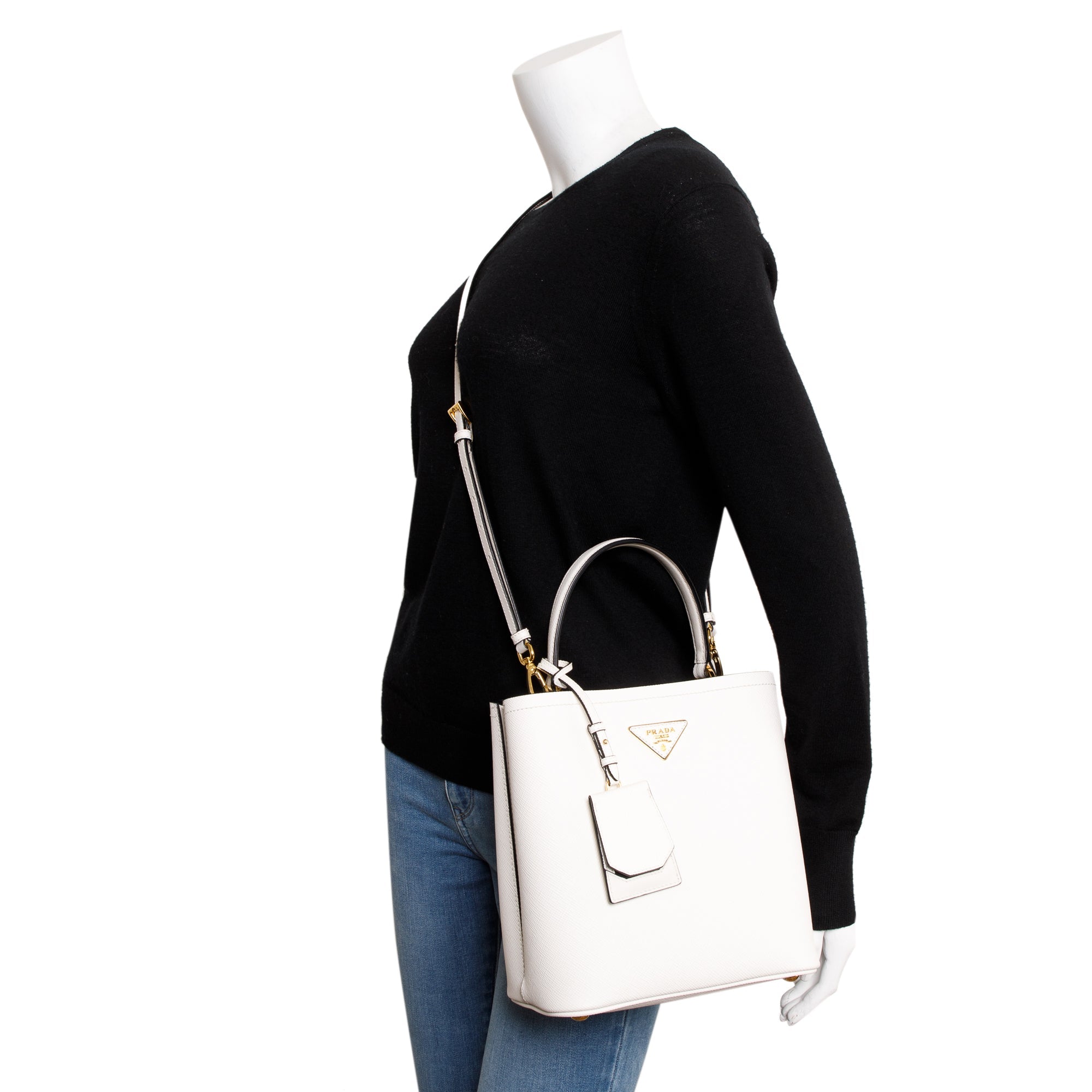 Prada White Saffiano Cuir Medium Panier Bag w/ Strap