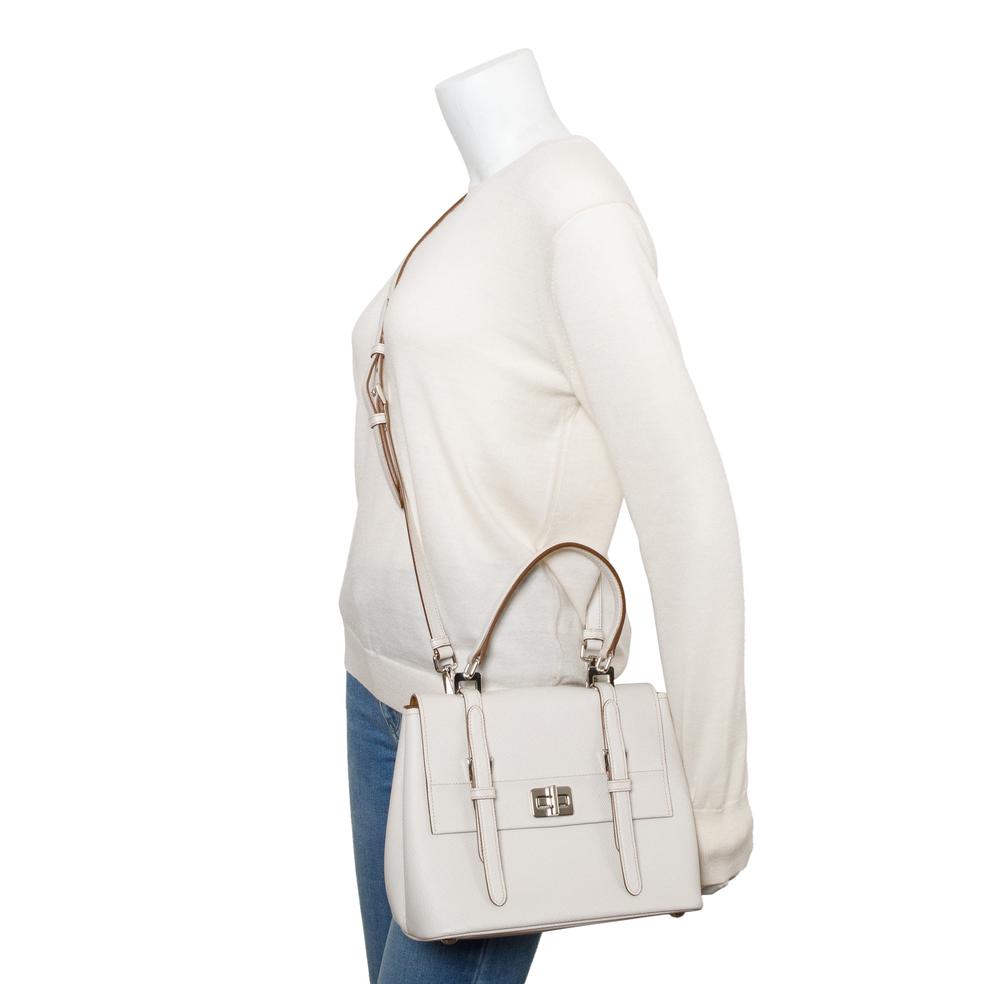 Prada White Saffiano Cuir Top Handle Bag w/ Strap & Authenticity Card