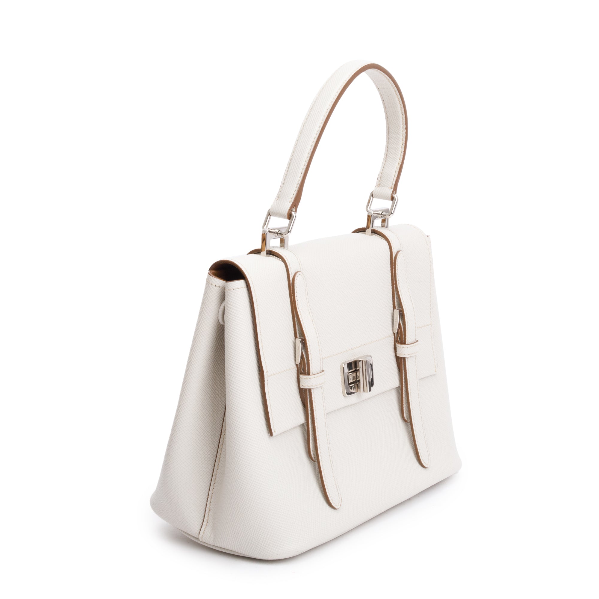 Prada White Saffiano Cuir Top Handle Bag w/ Strap & Authenticity Card