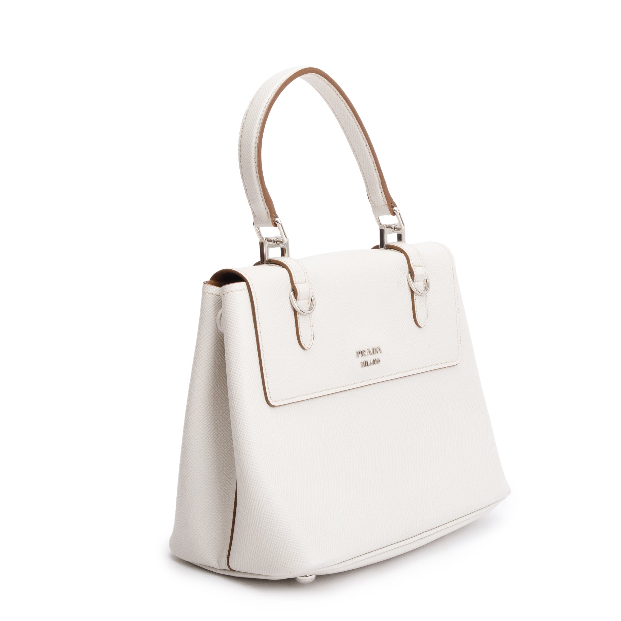 Prada White Saffiano Cuir Top Handle Bag w/ Strap & Authenticity Card