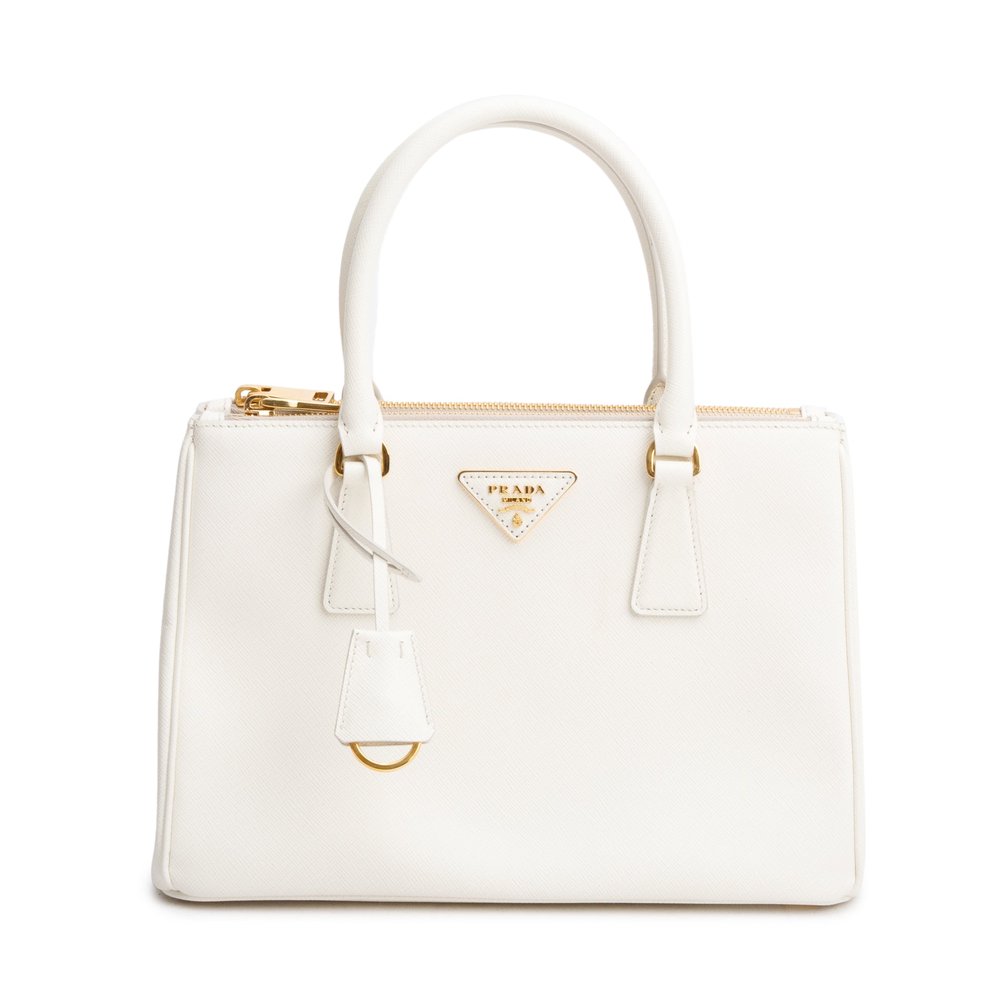 Prada White Saffiano Leather Small Double Zip Galleria Tote w/ Strap