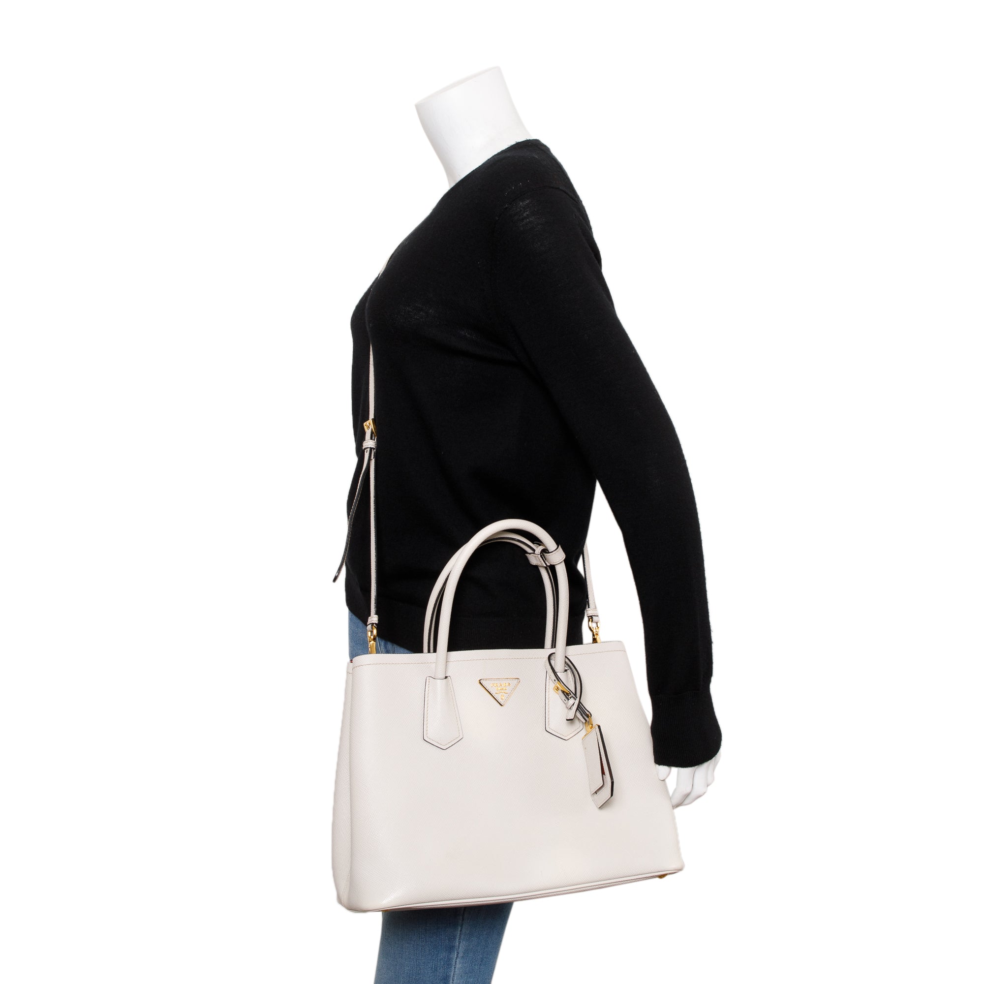 Prada White Saffiano Lux Medium Cuir Double Tote w/ Strap