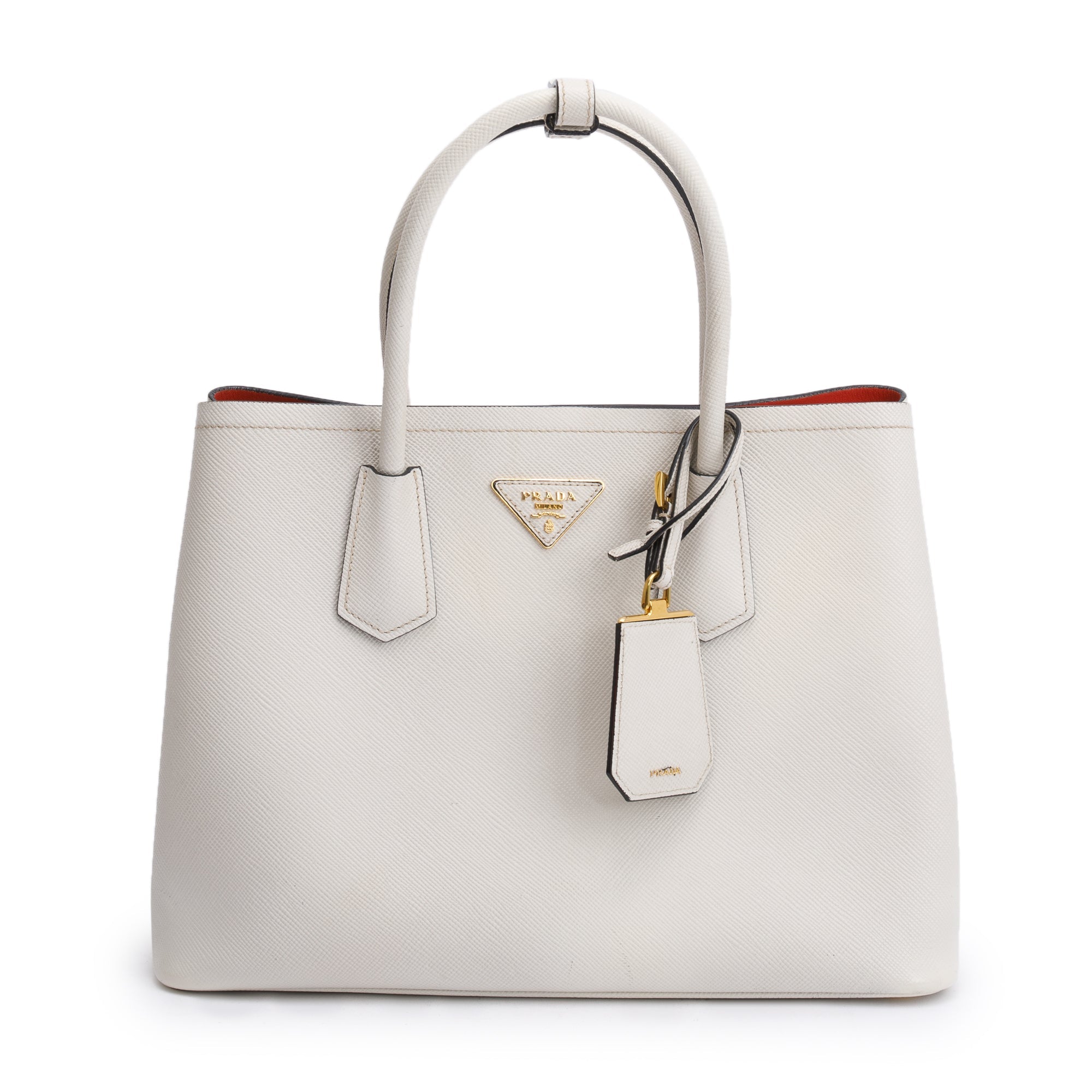 Prada White Saffiano Lux Medium Cuir Double Tote w/ Strap