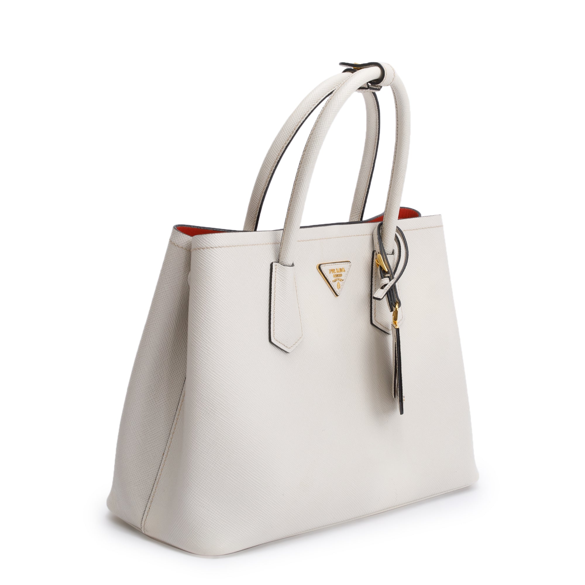 Prada White Saffiano Lux Medium Cuir Double Tote w/ Strap