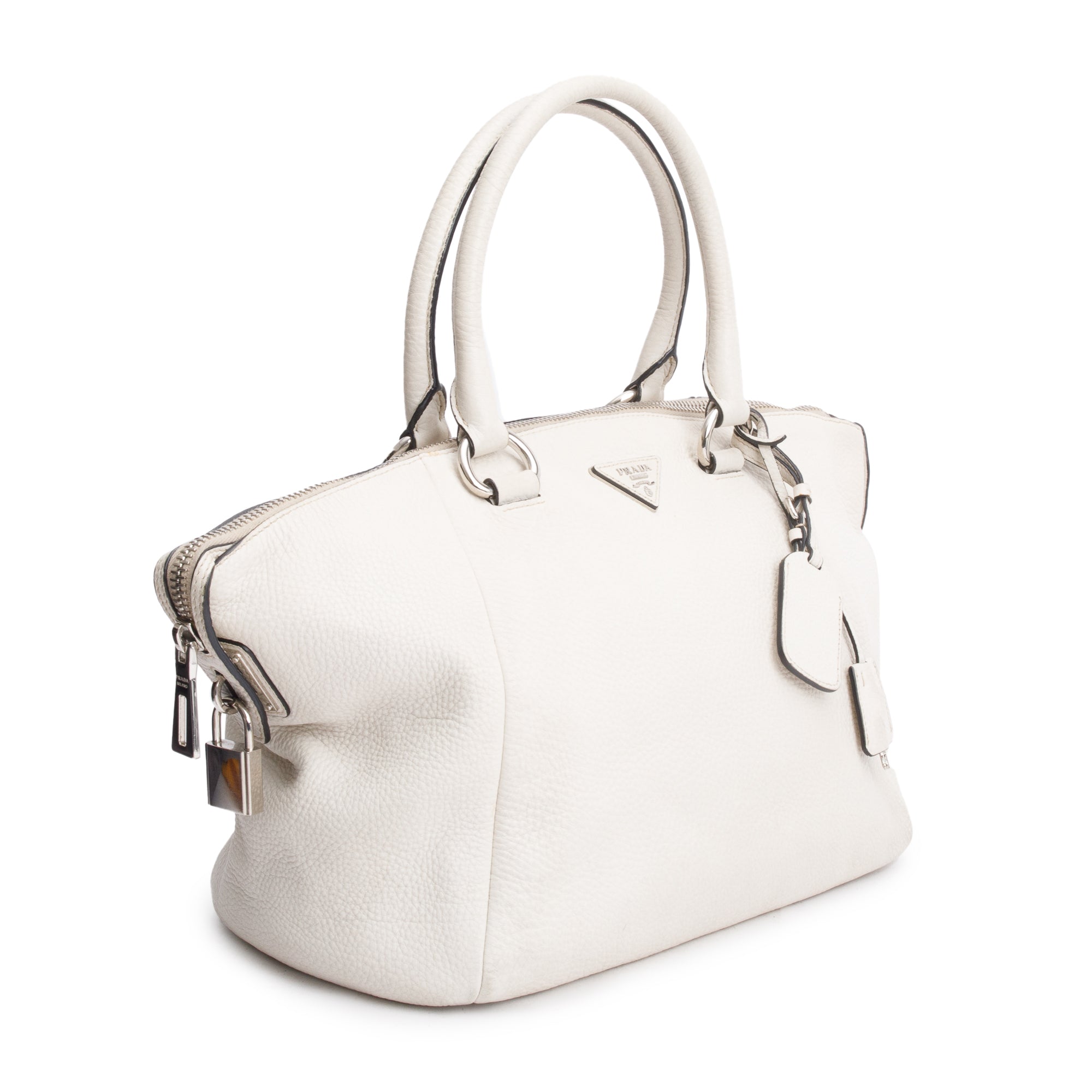 Prada White Vitello Daino Leather Zip Tote
