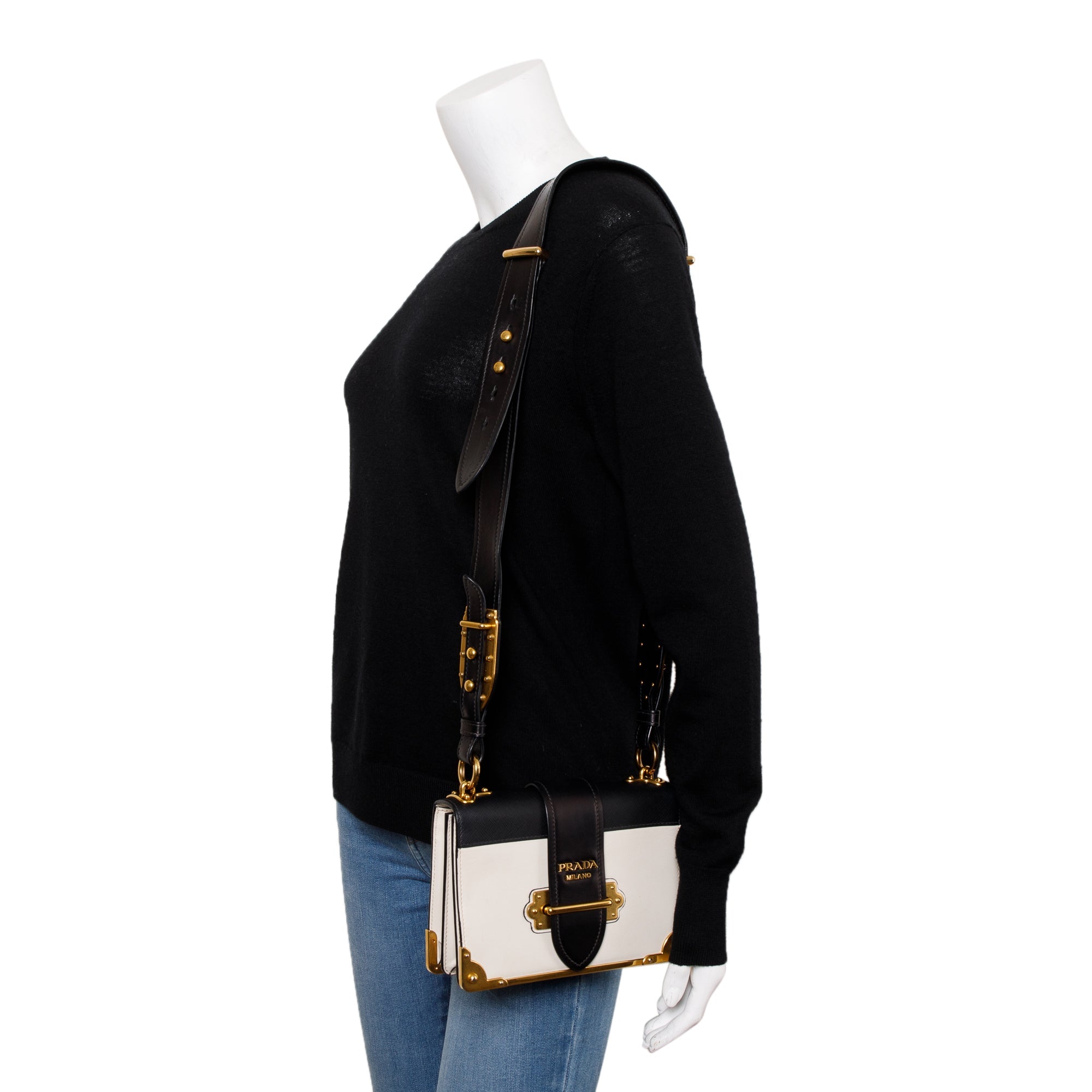 Prada White/Black City Calf Saffiano Cahier Bag w/ Receipt & Authenticity Card