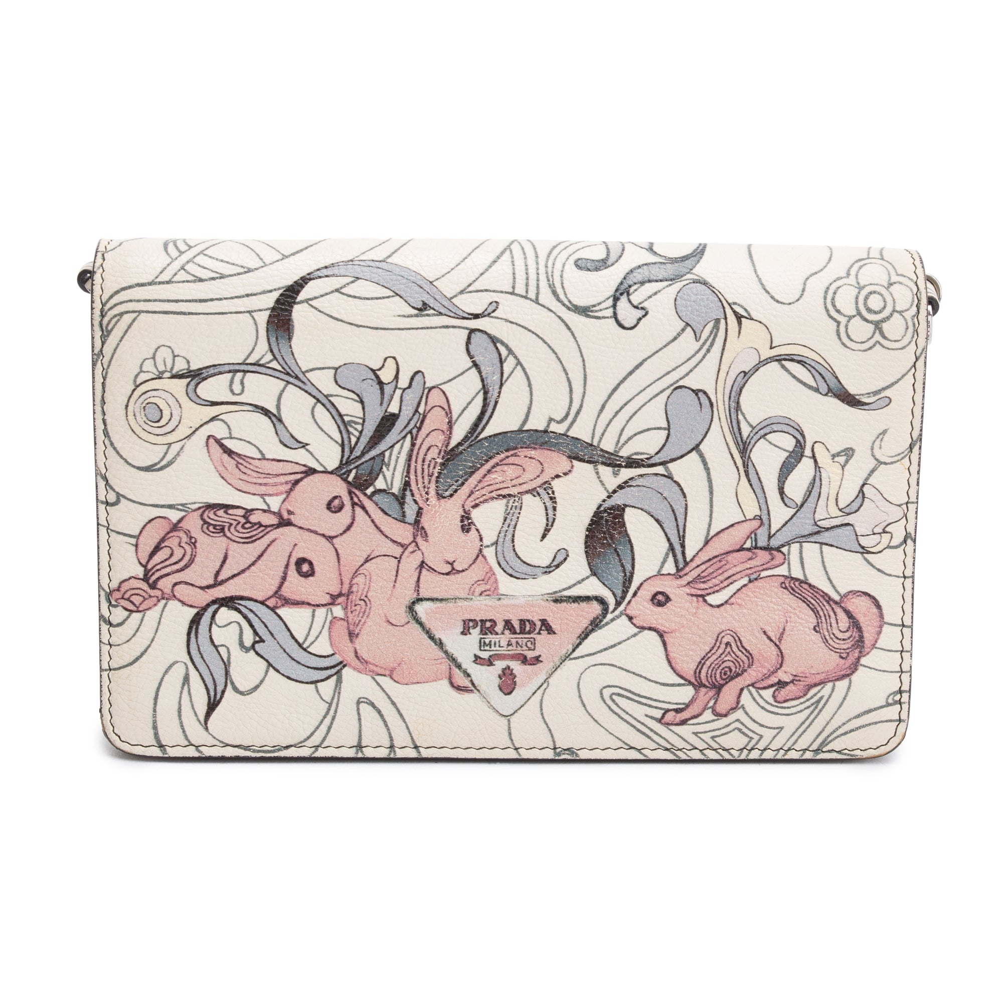 Prada X James Jean White Glace Calfskin Rabbit Print Wallet on Chain ...