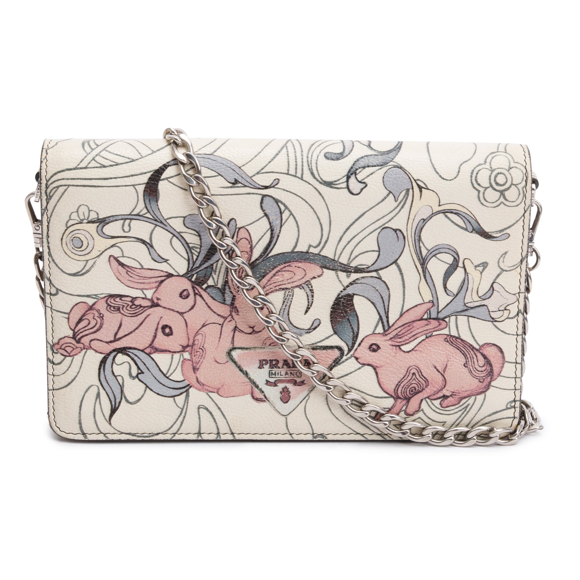 Prada X James Jean White Glace Calfskin Rabbit Print Wallet on Chain ...