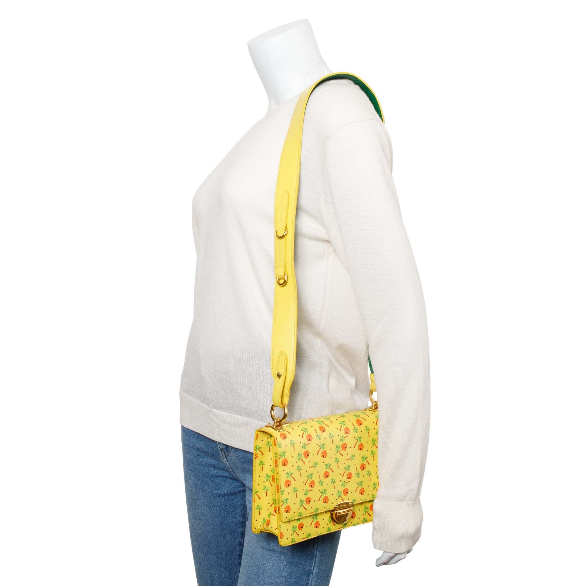 Prada Yellow Saffiano Stampata Palm Tree Print Crossbody Bag