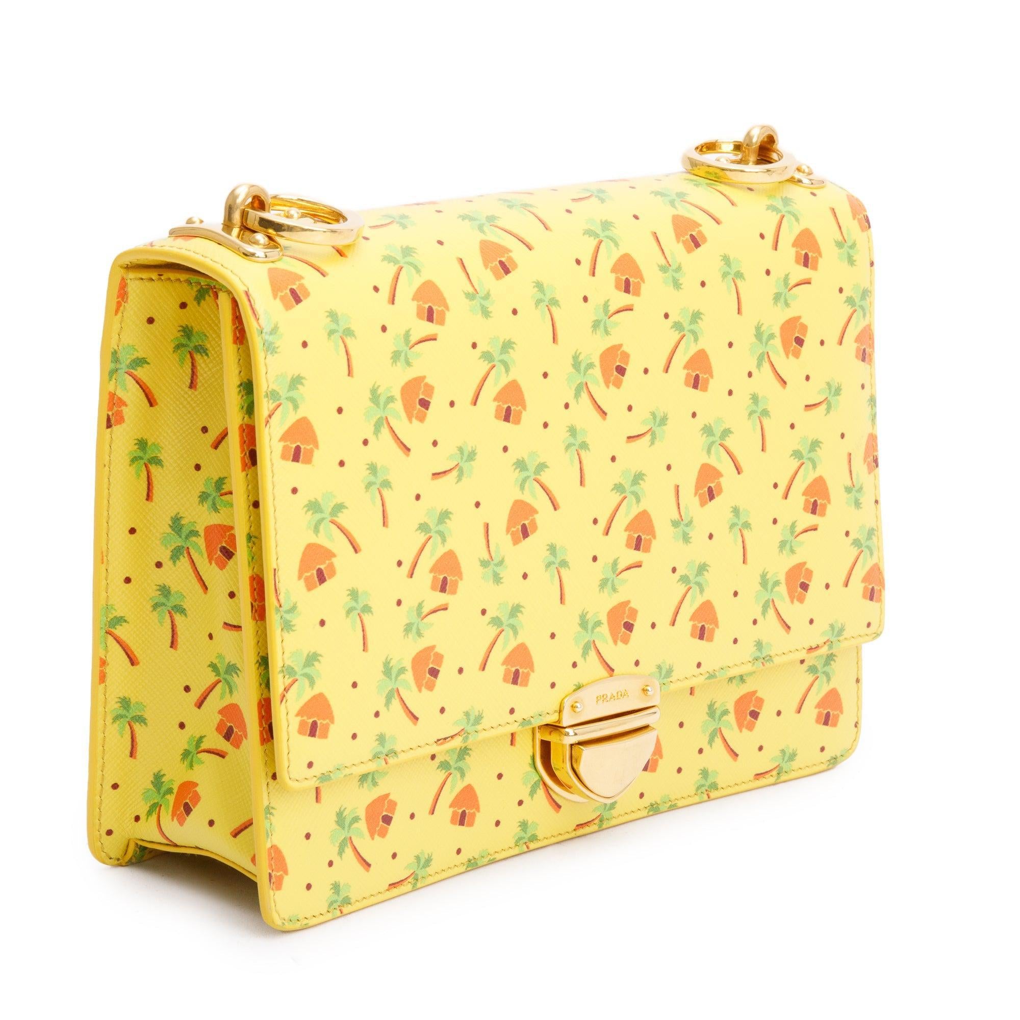 Prada Yellow Saffiano Stampata Palm Tree Print Crossbody Bag