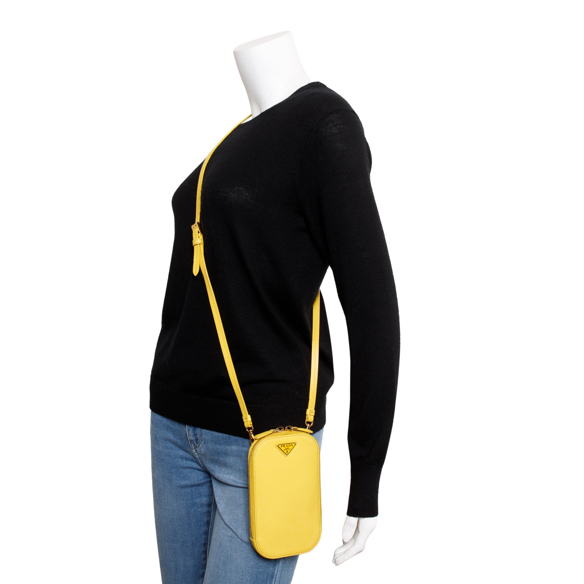 Prada Yellow Saffiano Triangle Phone Bag w/ Strap, Box & Authenticity Card
