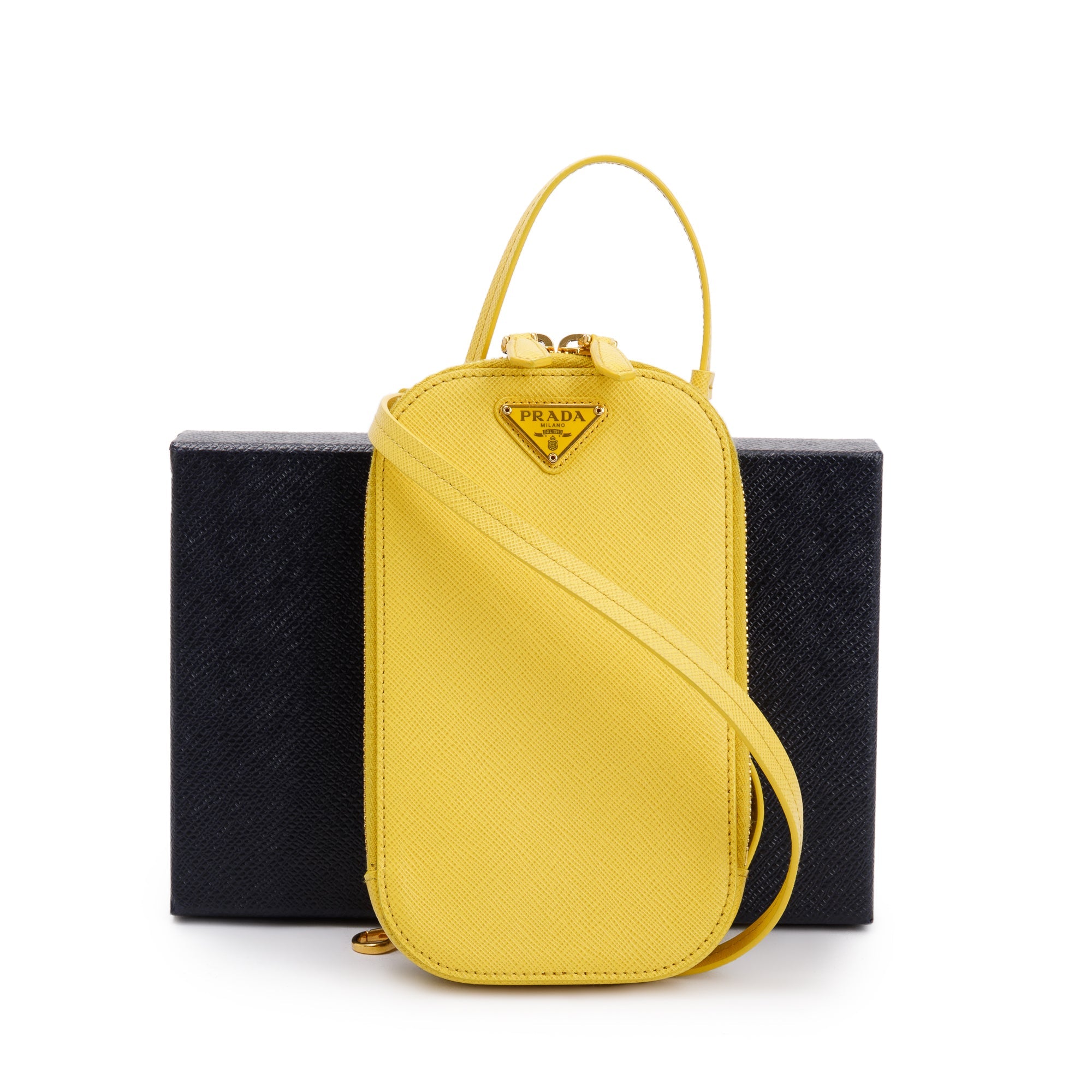 Prada Yellow Saffiano Triangle Phone Bag w/ Strap, Box & Authenticity Card