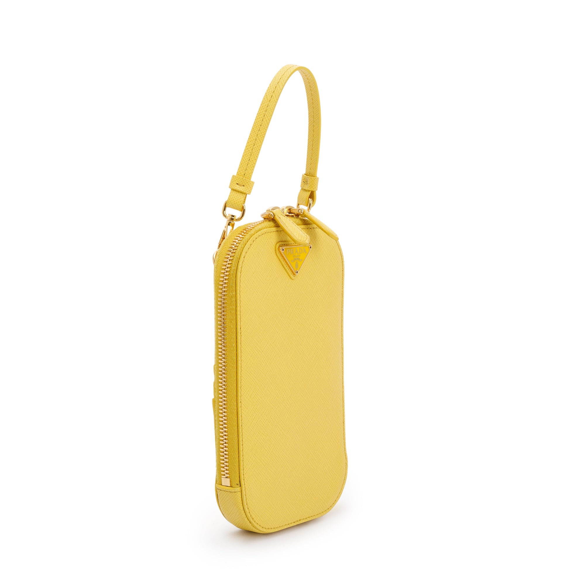 Prada Yellow Saffiano Triangle Phone Bag w/ Strap, Box & Authenticity Card