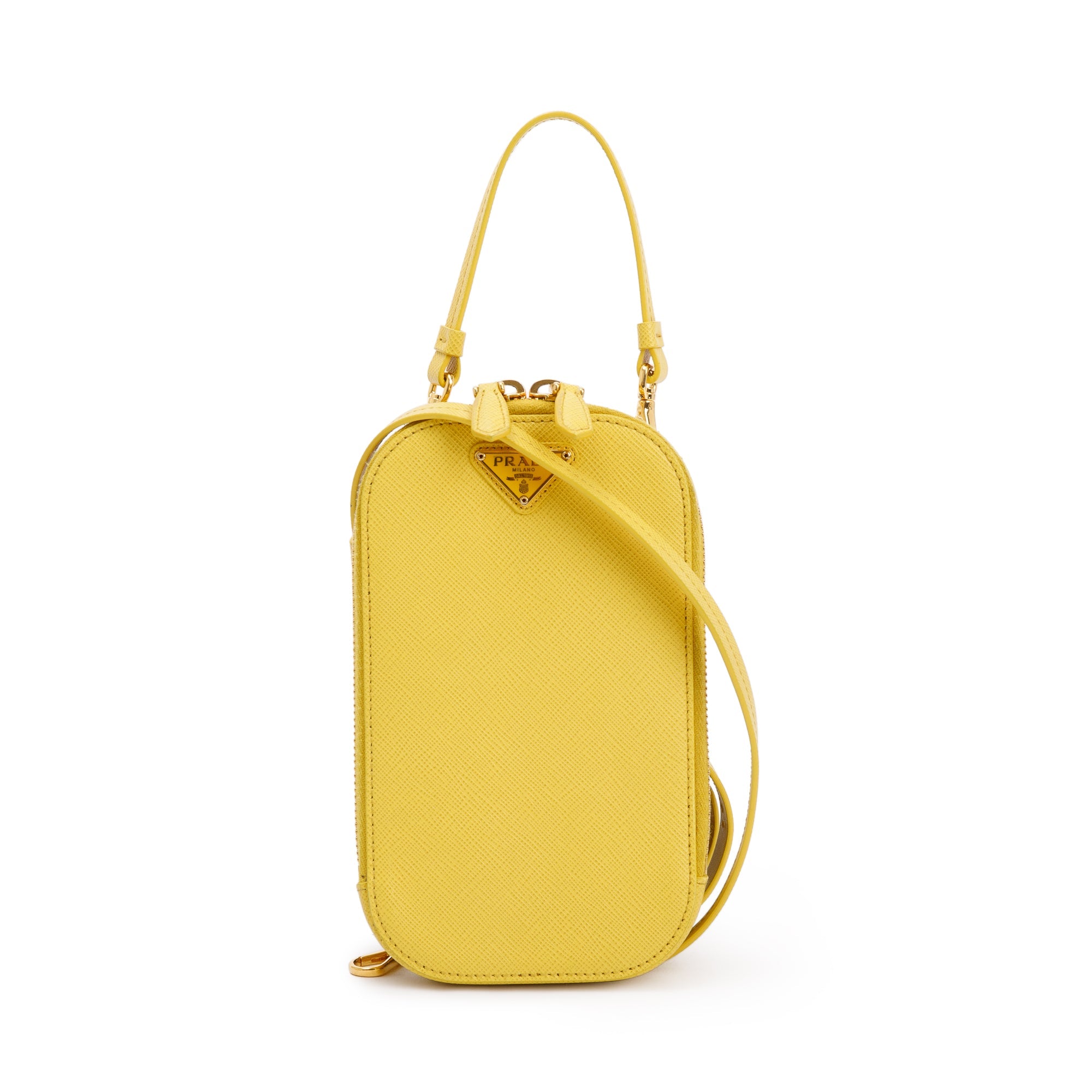 Prada Yellow Saffiano Triangle Phone Bag w/ Strap, Box & Authenticity Card