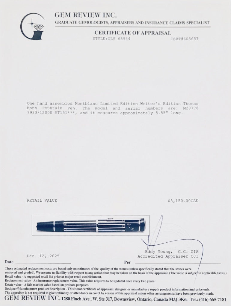 Montblanc Limited Edition Writer's Edition Thomas Mann Fountain Pen w/ Box & Papers