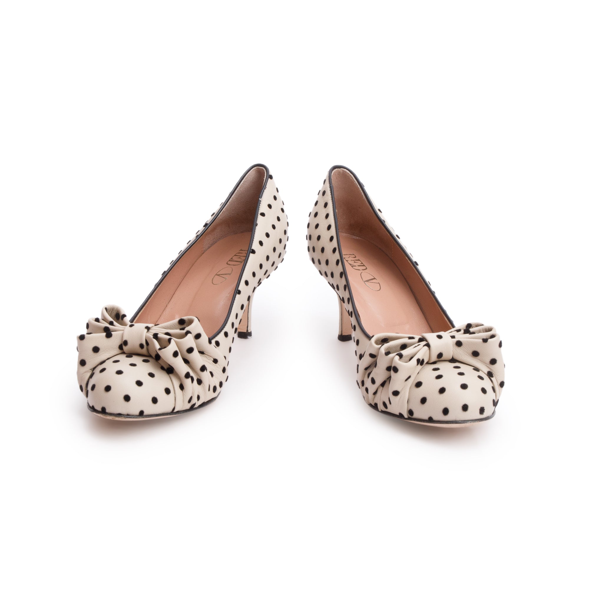 RED Valentino Beige Polka Dot Satin Bow Accent Pumps, Size 39 w/ Box