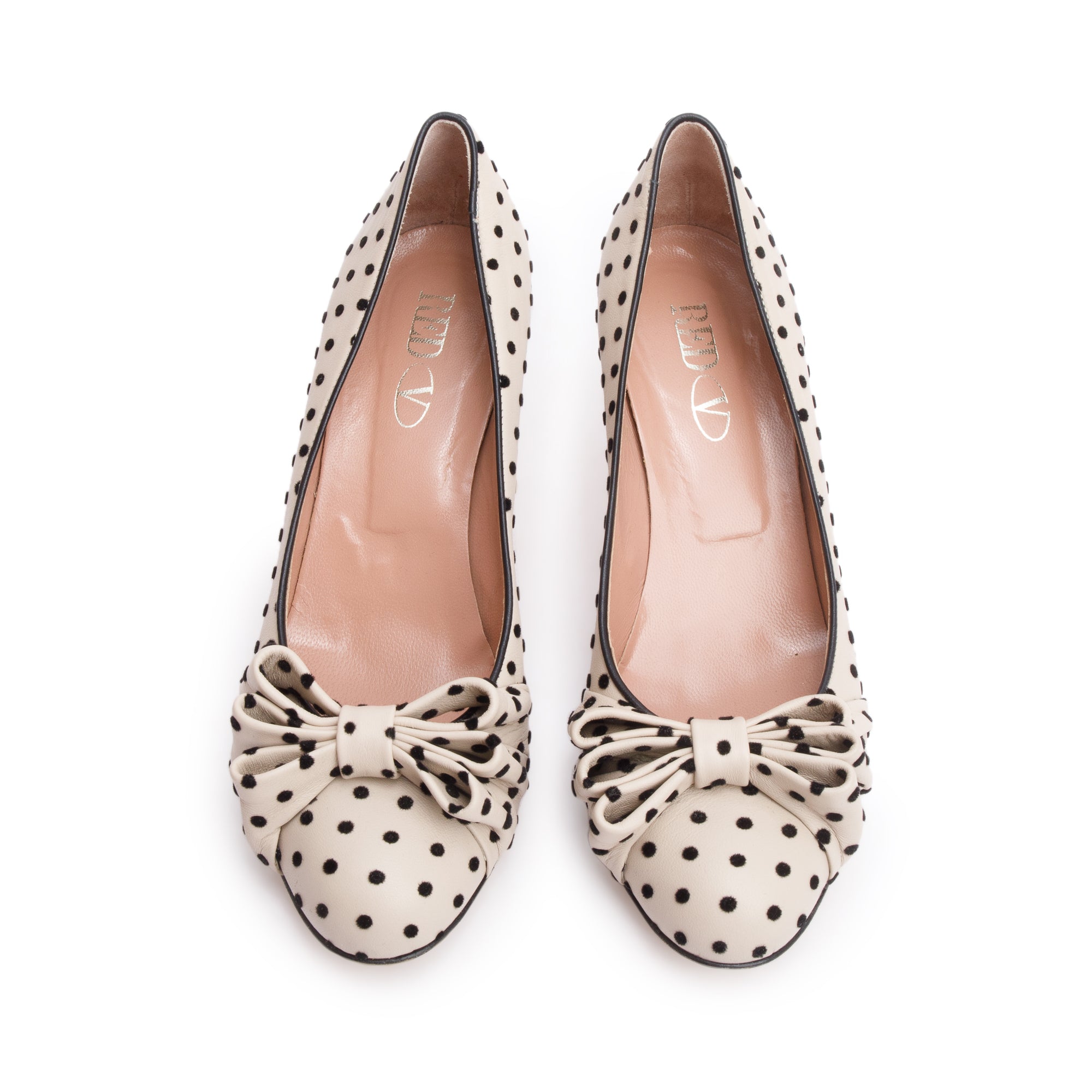 RED Valentino Beige Polka Dot Satin Bow Accent Pumps, Size 39 w/ Box