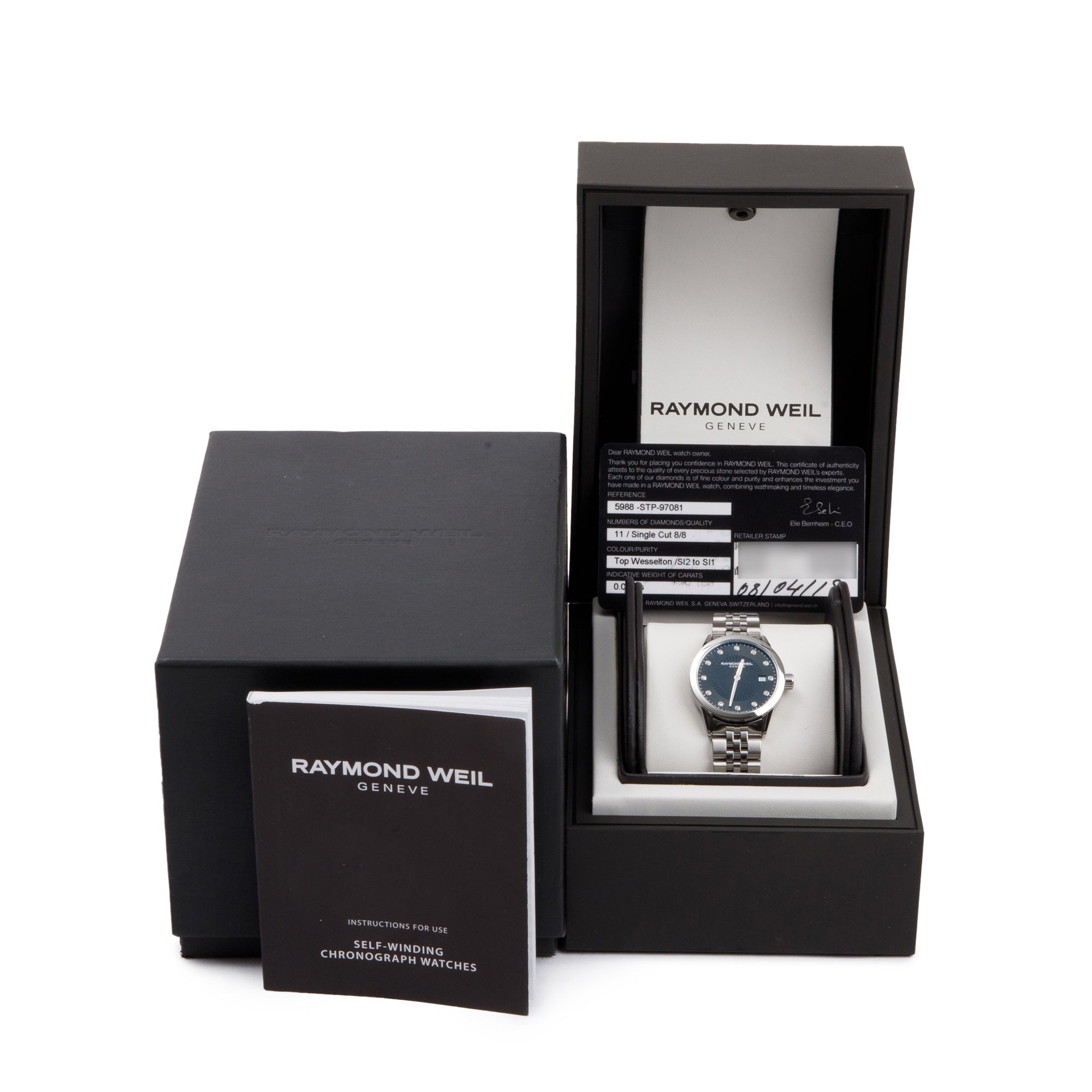 Raymond Weil Stainless Steel Diamond Dial Freelancer 29 MM Watch w/ Box & Papers