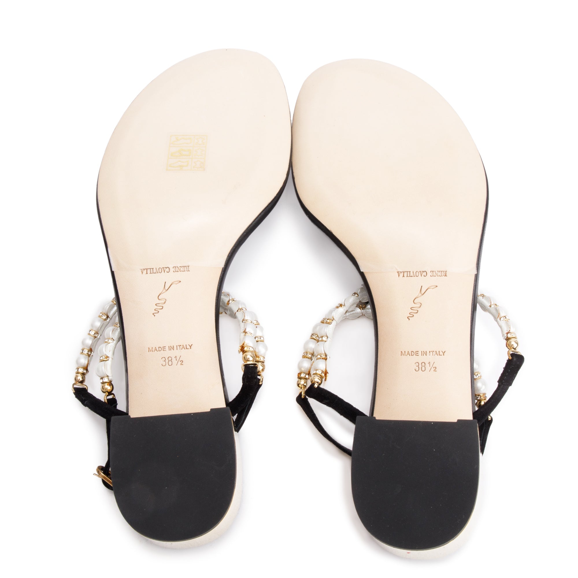 Rene Caovilla Black Leather Faux Pearl Crystal Embellished T-Strap Sandals, Size 38.5