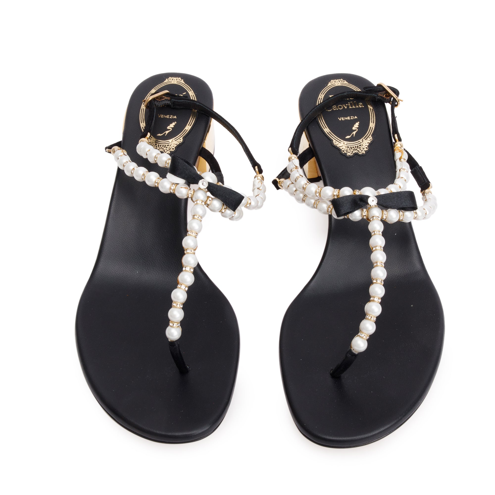 Rene Caovilla Black Leather Faux Pearl Crystal Embellished T-Strap Sandals, Size 38.5